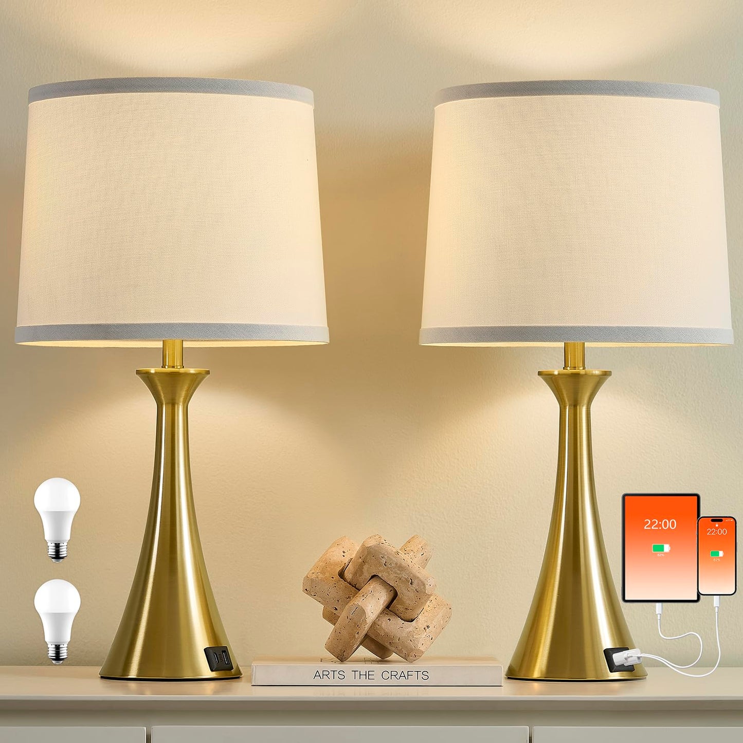 Touch Lamp for Living Room Bedroom, 21" Table Lamps Set of 2 with USB C+A Ports, Touch Bedside Lamps for Nightstand with 3 Way Dimmable, 2 LED Bulbs Included, Black