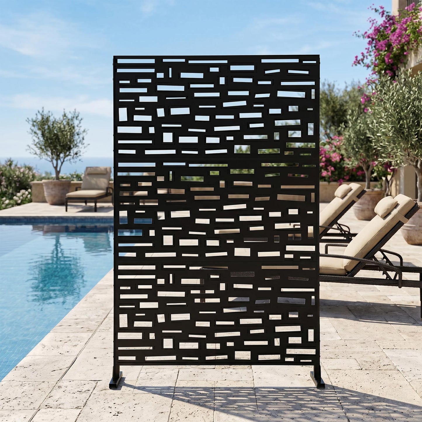 Outdoor Metal Privacy Screen with Stand, 72" H x 47" W Freestanding Outdoor Patio Divider, Decorative Patio Privacy Fence Panel for Garden Backyard Balcony Porch (Brown-Crossbanding)