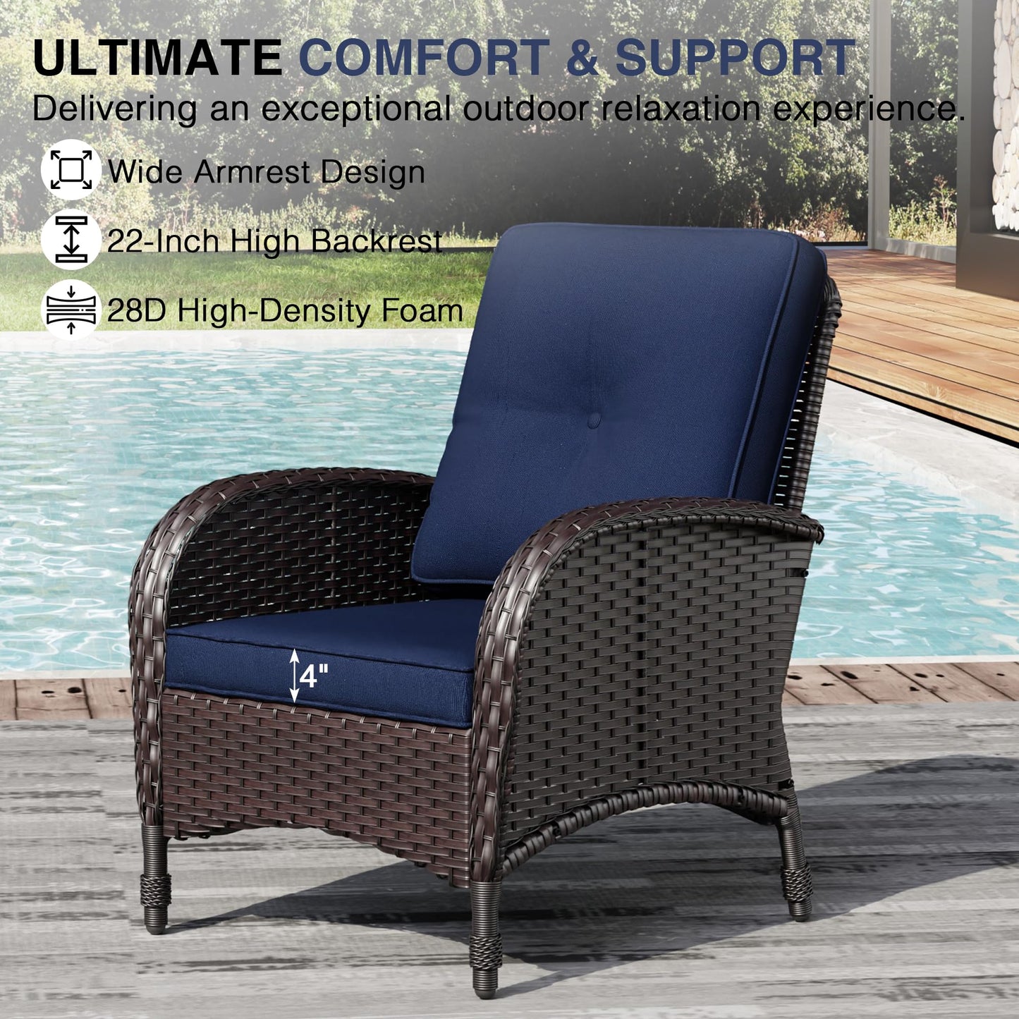 Joyside Wicker Patio Chairs Set of 2, Rattan Outdoor Furniture with Thickened Cushions, High Back, Deep Seating, Wide Armrest, Outdoor Chairs for Porch, Deck
