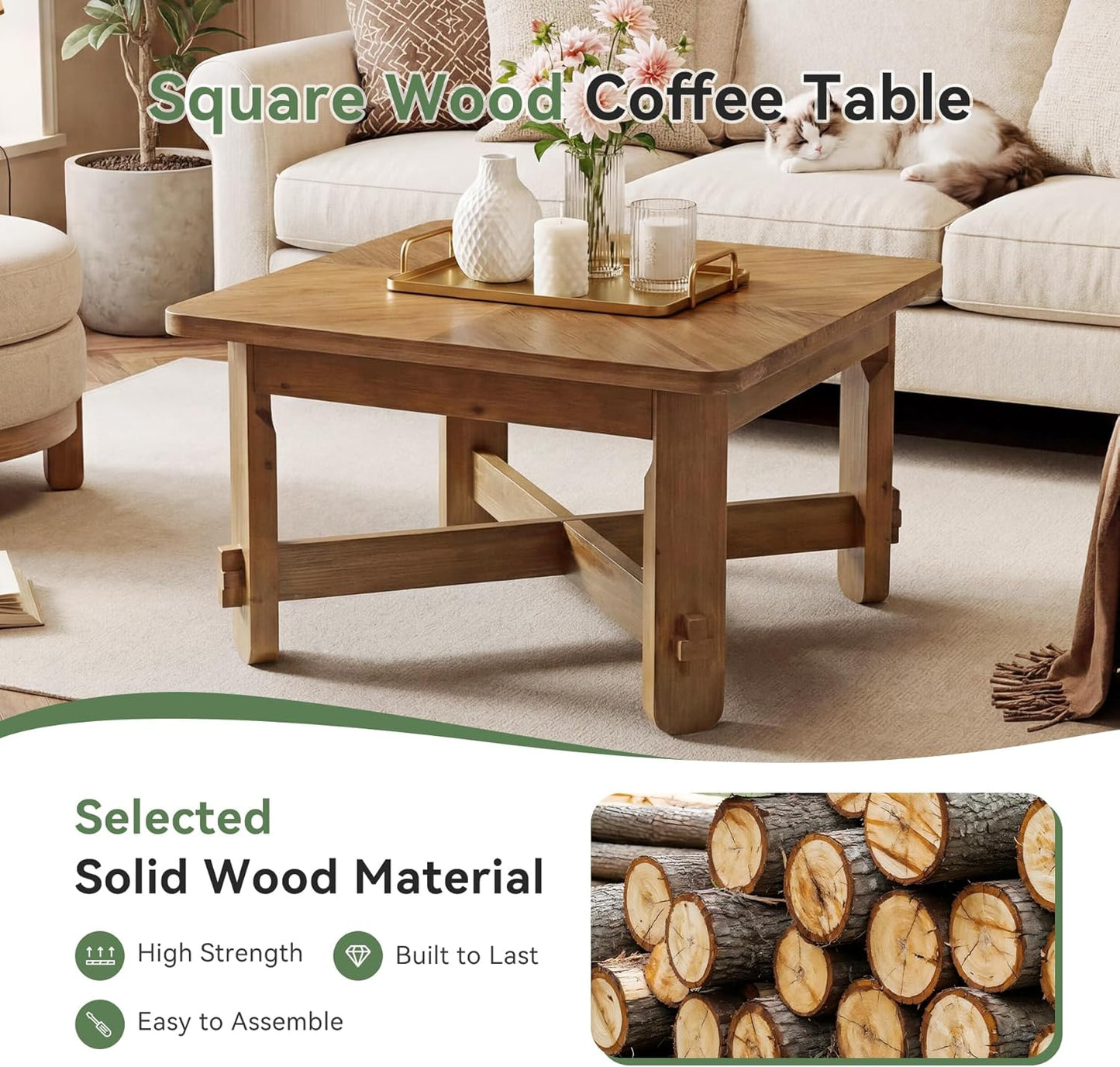 31.5" Square Coffee Table, Solid Wood Accent Center Table with Thick Tabletop and Sturdy Cross-braced Legs, Farmhouse Rustic Tea Cocktail Tables for Living Room, Apartment, Vintage Brown