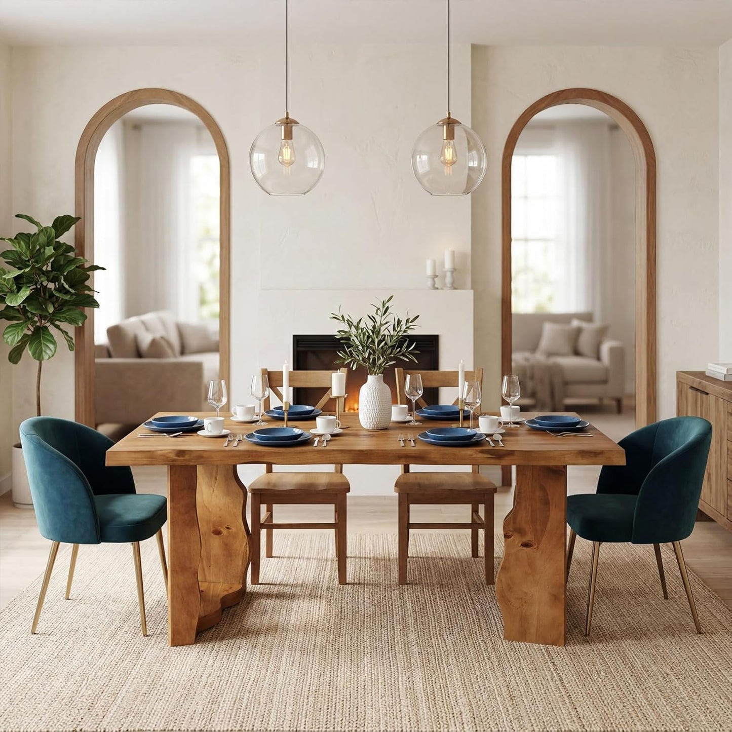 63" Live Edge Solid Wood Dining Table, Modern Rustic Kitchen Table with Sculptural Legs, 6-Person Rectangular Dinner Table for Dining Room, Kitchen,Natural Walnut Finish