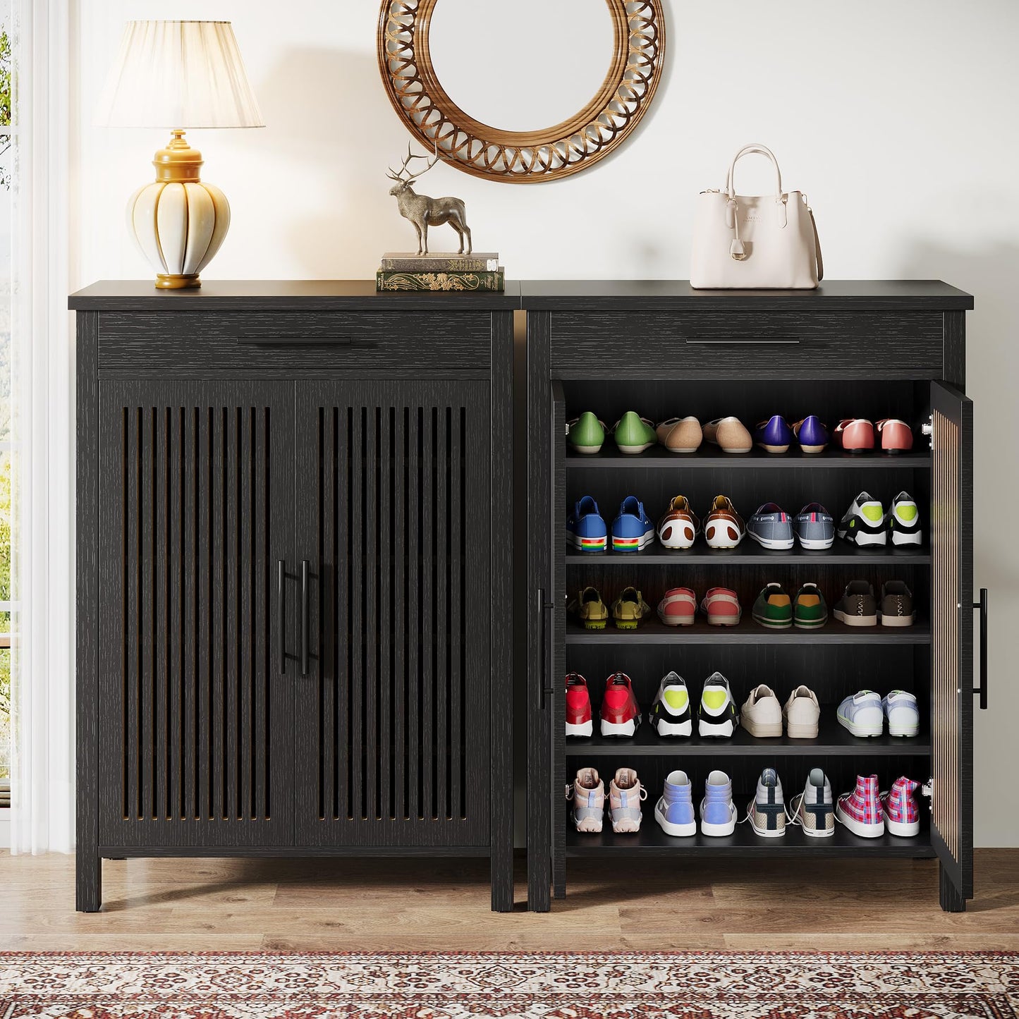 Tribesigns Shoe Cabinet, 5-Tier Shoe Storage Cabinet with Louvered Doors and Drawer, Freestanding Wooden Shoe Rack Organizer with Adjustable Shelves for Entryway, Hallway, Closet, Brown