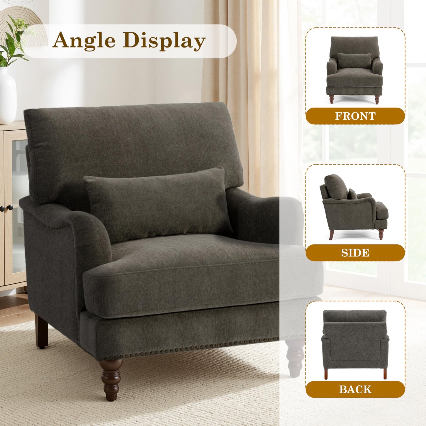 Accent Chair for Living Room, Upholstered Armchair with Nailhead Trim & Solid Wood Legs, Mid Century Modern Club Chair for Bedroom/Reading Room, Rococo Green