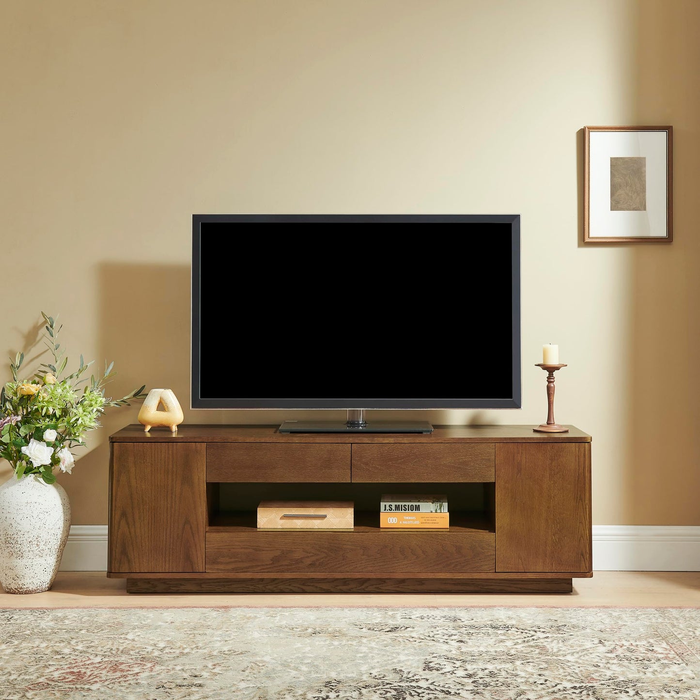 LKTART Mid Century Modern Rattan TV Stand for 65 Inch TV,59" Boho Media Console with Sliding Doors & Open Shelves,Solid Wood Legs for Living Room,Light Walnut