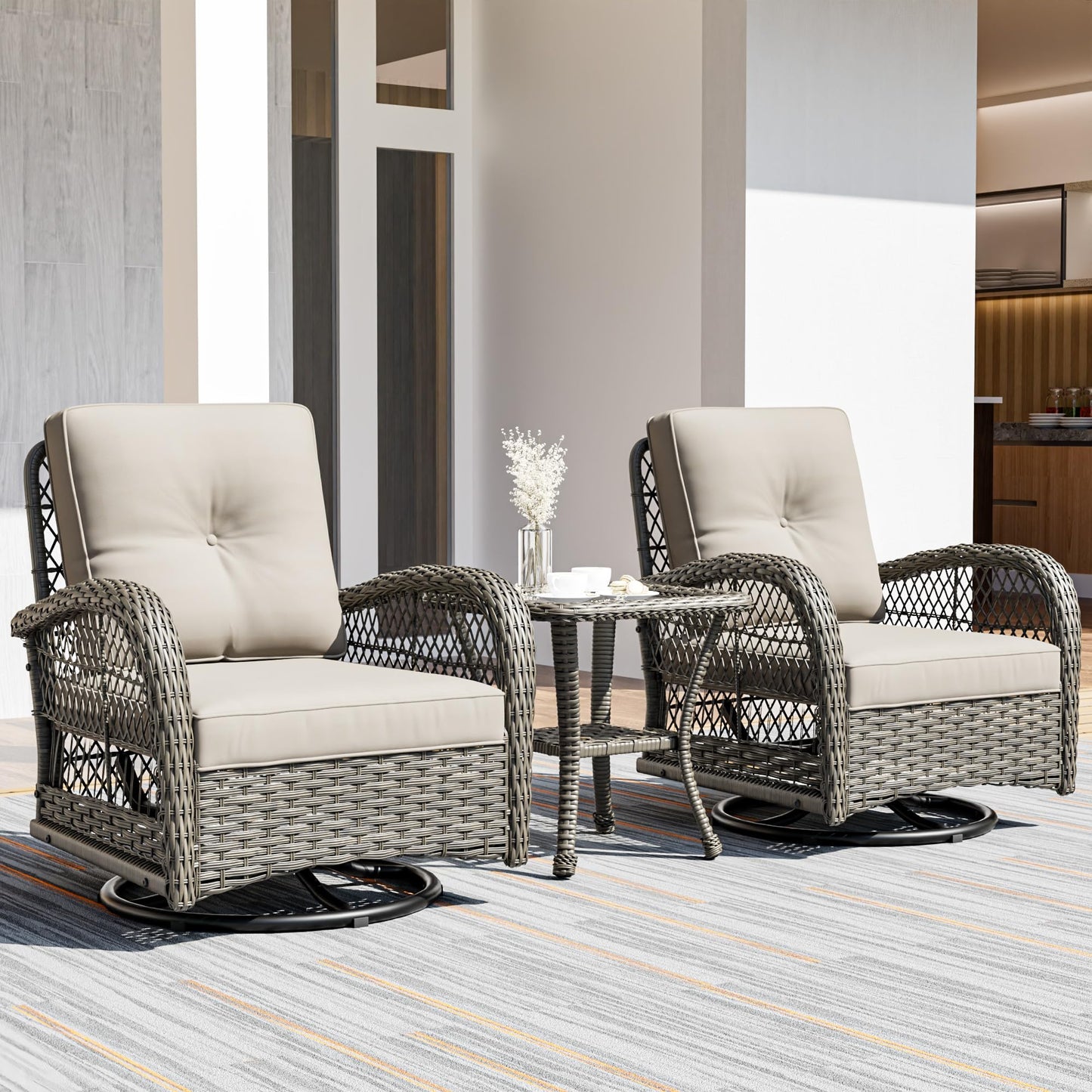 Joyside Patio Bistro Set, 3-Piece Outoodr Wicker Swivel Rocking Chair Set, Outdoor Patio Furniture Chair with Side Coffee Table & Durable Fabric Cushion(Brown/Beige)