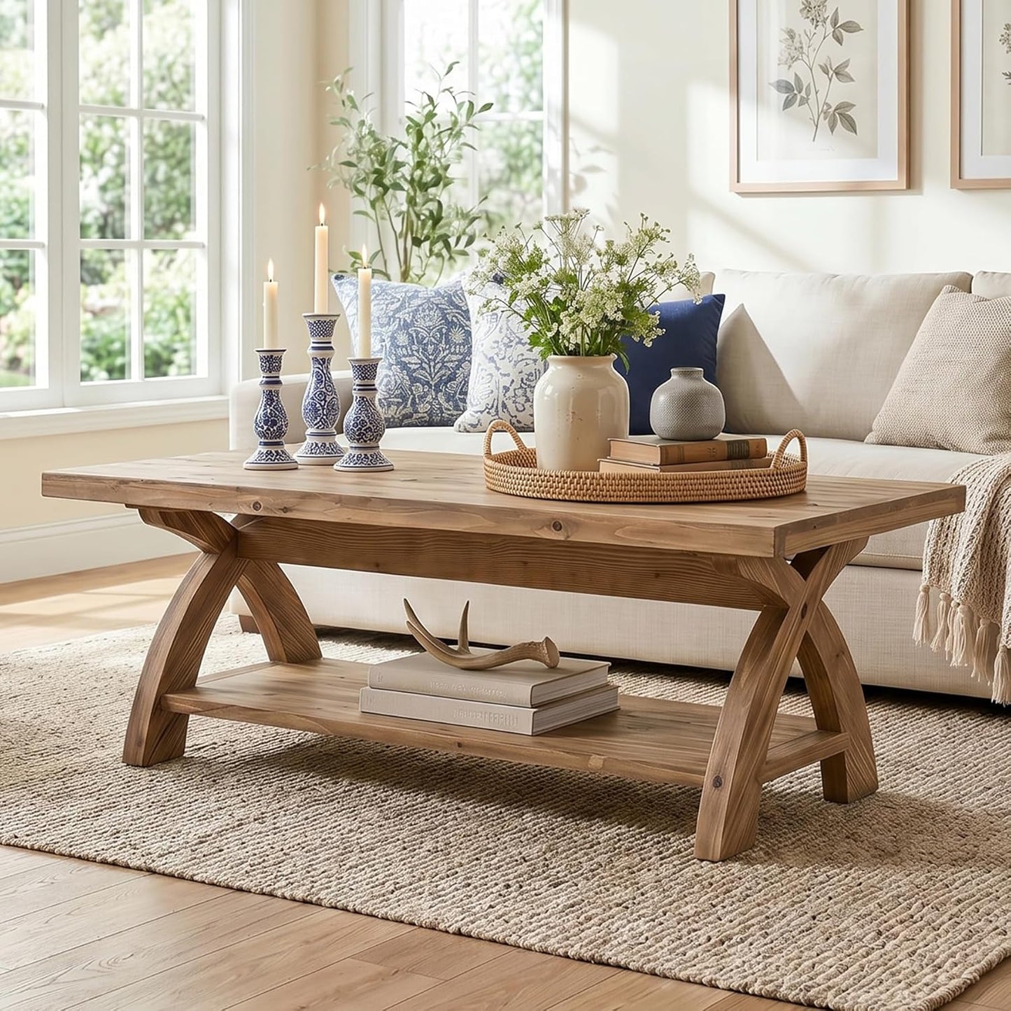 Solid Wood Coffee Table with Storage Shelf, Farmhouse Rectangular Center Table with X-Shaped Legs, Industrial Accent Cocktail Tables for Living Room