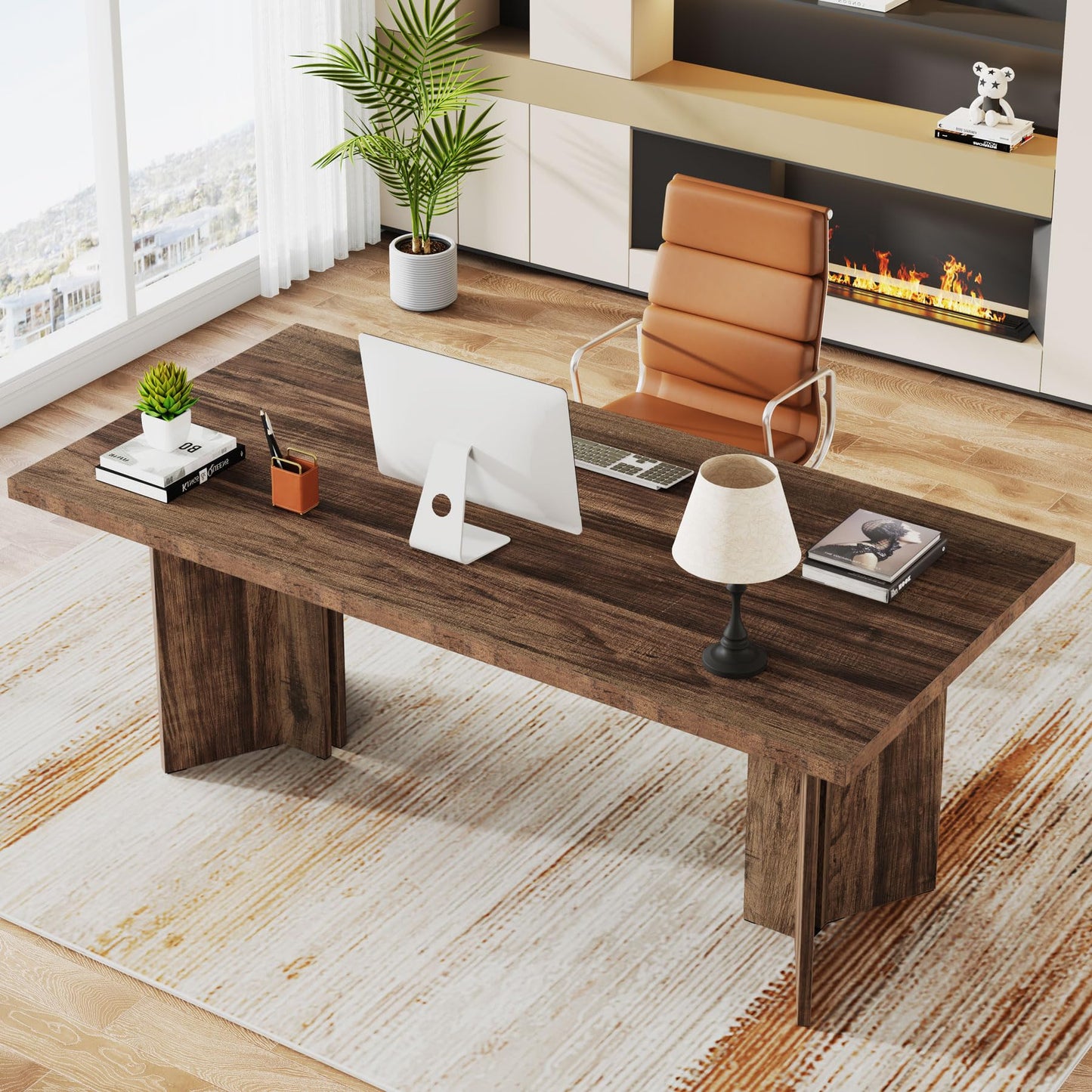 Tribesigns 63-inch Executive Desk, Vintage Home Office Computer Desk with Large Tabletop, Farmhouse Wood Writing Conference Table Workstation for Office, Study, Walnut Brown