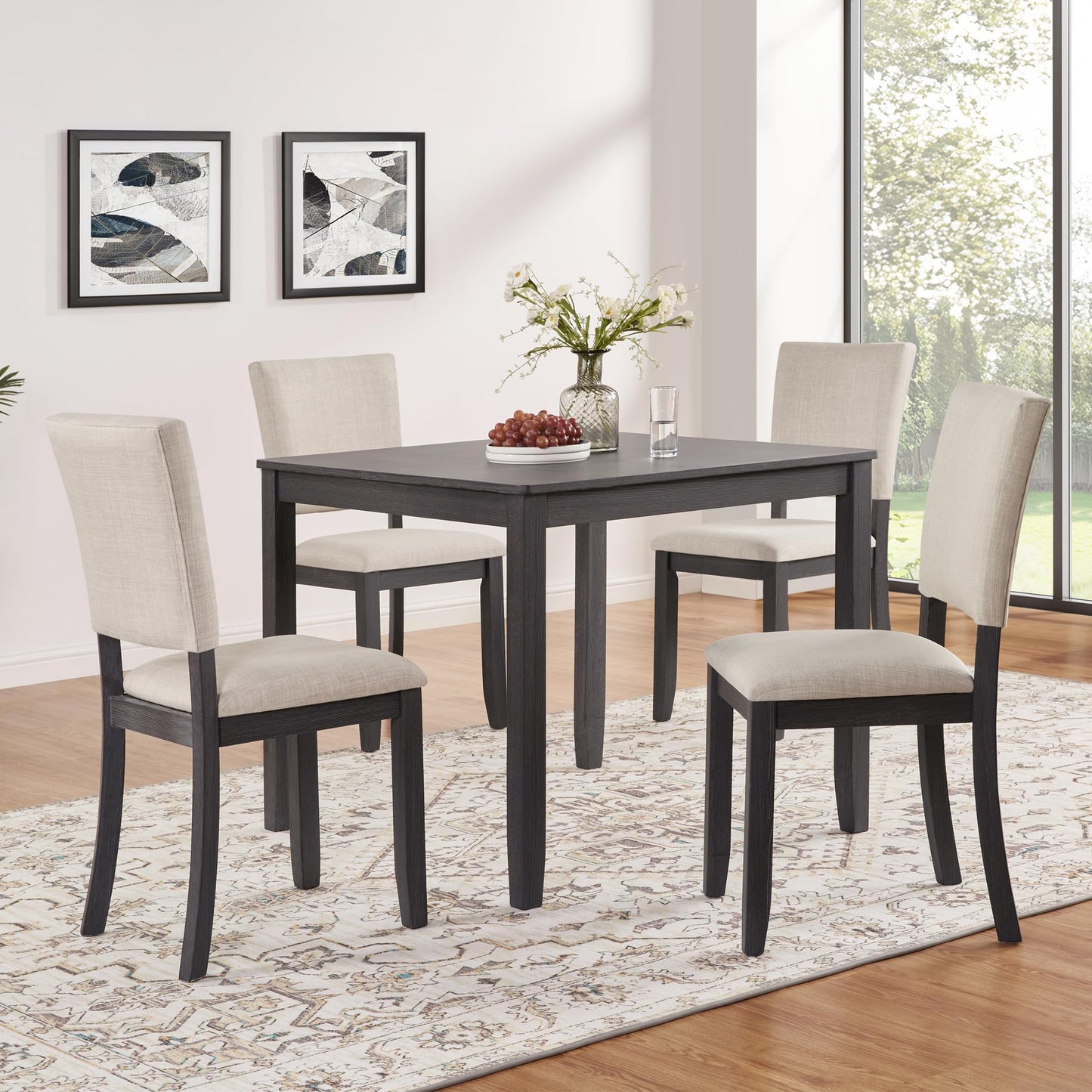 LKTART 5-Piece Kitchen & Dining Room Table and Chairs Sets,Small Square Kitchen Table with 4 Upholstered XX-Shaped Backrest Chairs,Walnut