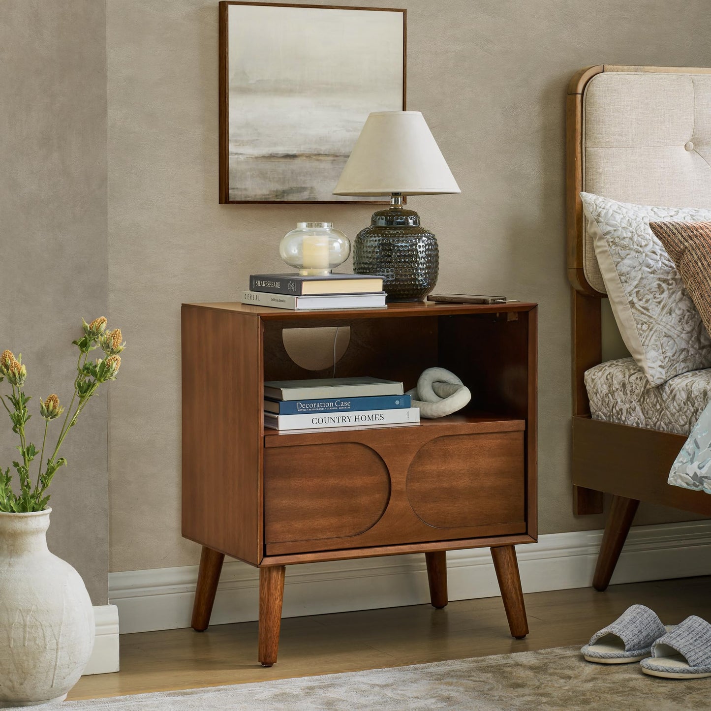 LKTART Night Stand with Charger Station, Wood Bed Side Table with Drawers,Mid Century Modern Nightstand with Solid Wood Feet,End Tables for Bedroom Walnut