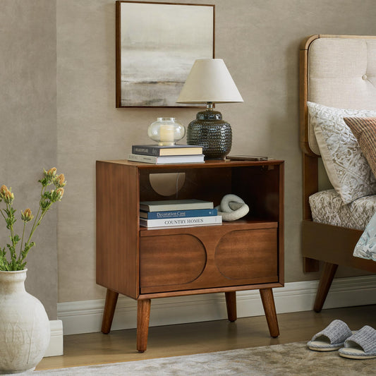 LKTART Night Stand with Charger Station, Wood Bed Side Table with Drawers,Mid Century Modern Nightstand with Solid Wood Feet,End Tables for Bedroom Walnut
