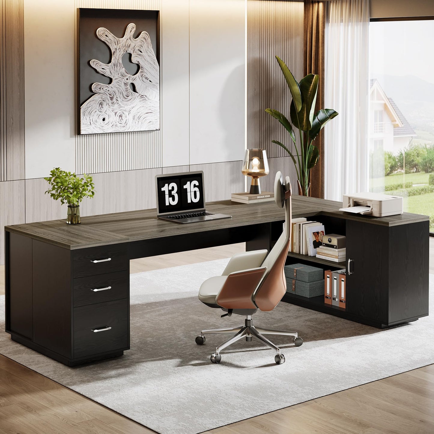 Tribesigns 85.8-Inch L-Shaped Executive Office Desk with File Drawers & Storage Cabinet, Professional Corner Computer Desk Extra Large Business Workstation with Adjustable Shelves (White&Walnut)