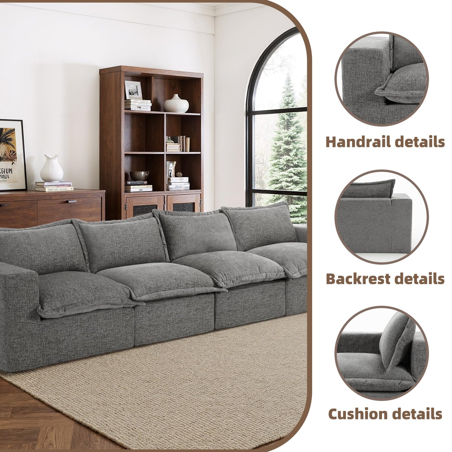 116" Modular Sectional Sofa, Comfy L Shaped Modular Coush Sofa with Ottoman, 3-Seat Chenille Cloud Couches Deep Seat Sofa for Living Room, Apartment, Small Spaces, Beige