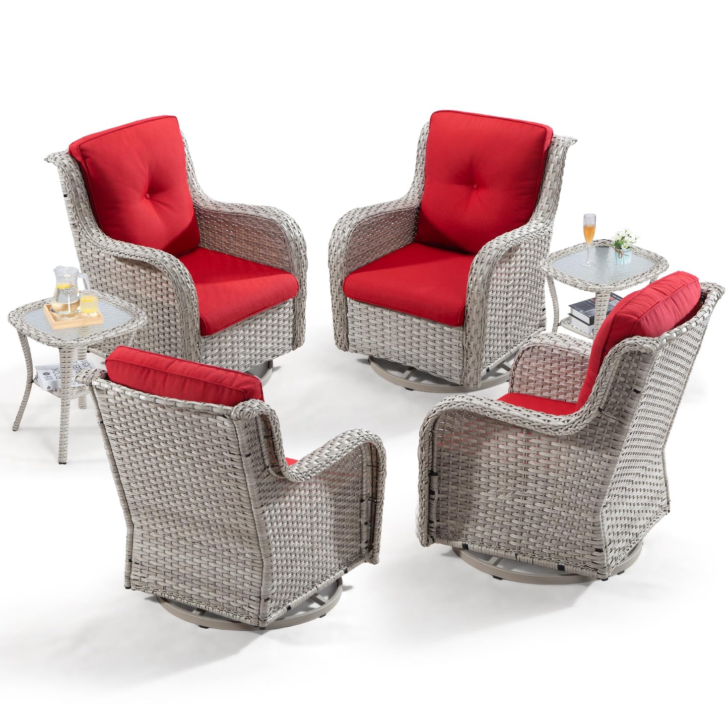 Joyside Outdoor Swivel Rocker Patio Chairs Set of 2 and Matching Side Table - 3 Piece Wicker Patio Bistro Set with Premium & Soft Fabric Cushions(Light Grey/Red)