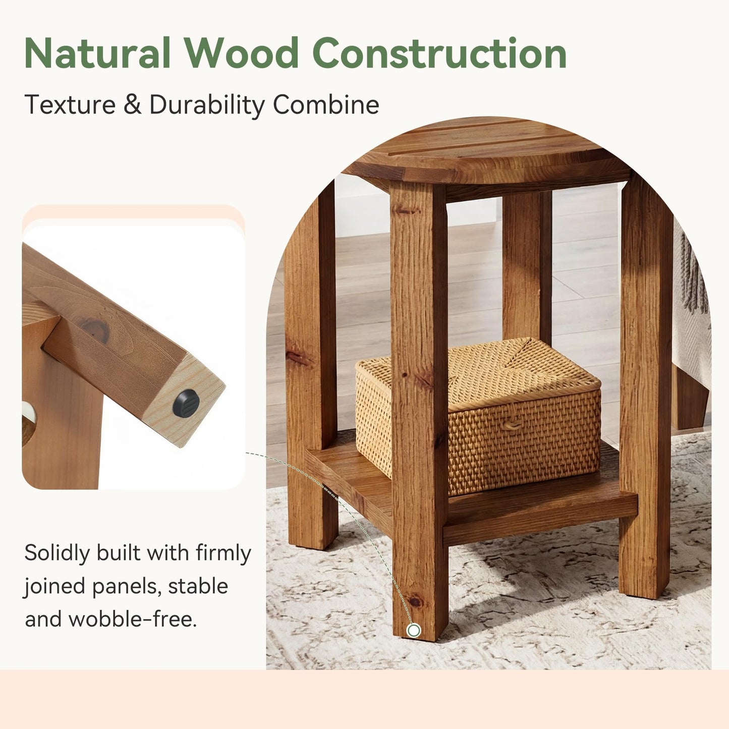 Round Side Table, 2-Tier Solid Wood End Table with Storage Shelf, Small Farmhouse Accent Table with Grooved Textured Tabletop for Living Room, Bedroom, Brown (1)