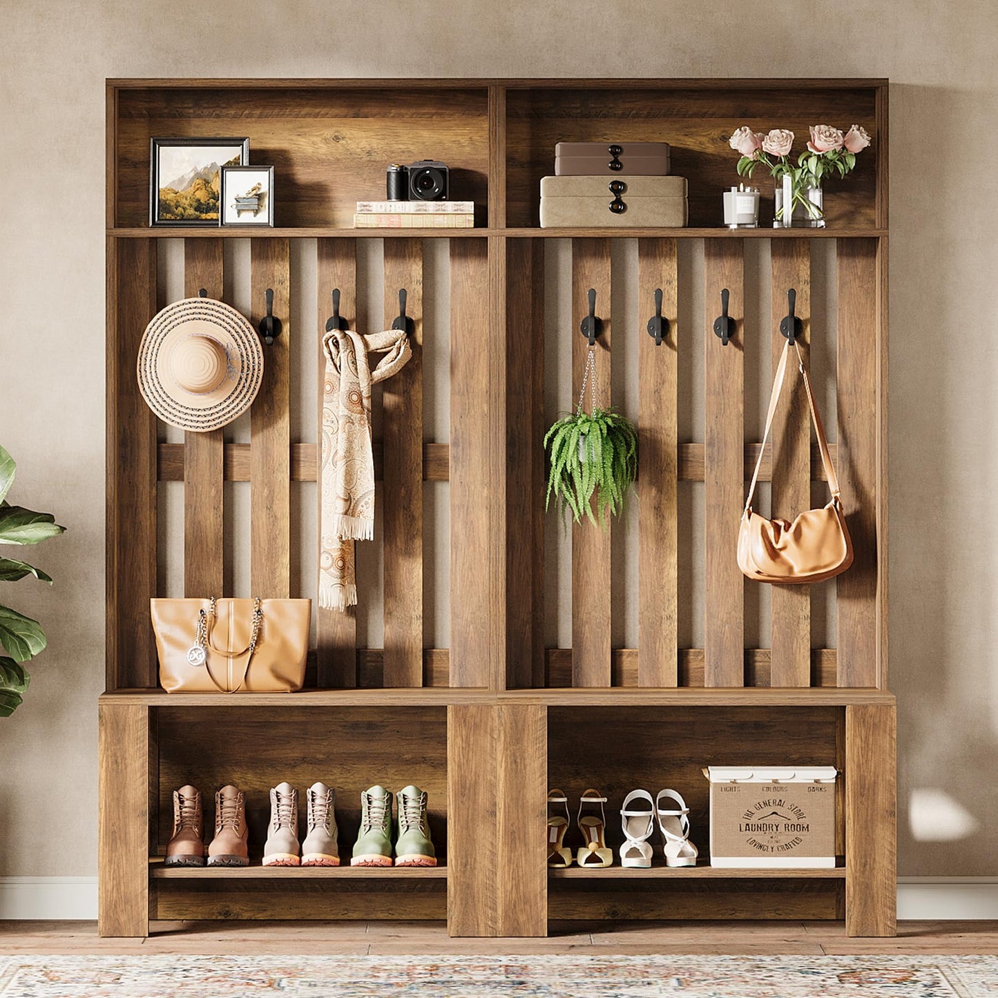 Tribesigns Hall Tree with Bench and Shoe Storage, Farmhouse Entryway Bench with Coat Racks, 70.8" Tall Wooden Hall Tree Organizer with 4 Hooks for Mudroom, Hallway, Bedroom, Space-Saving, Brown