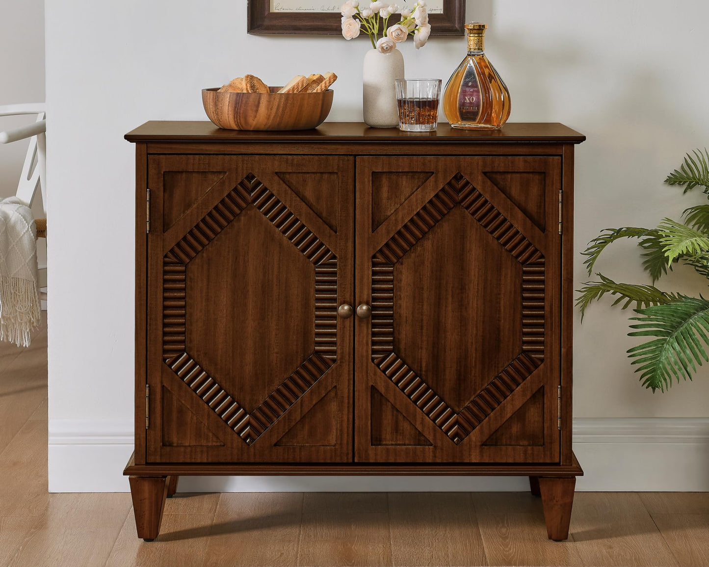 LKTART 65" Mid Century Sideboard Buffet Cabinet with Solid Wood Legs,Accent Storage Cabinet Credenza with 4 Doors for Living Room,Entryway,Kitchen(Walnut)