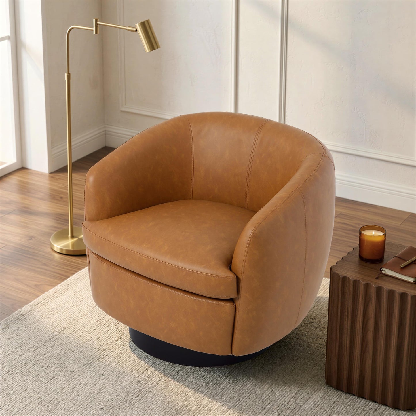 Faux Leather Swivel Barrel Chair, Modern Round Swivel Accent Chair with 360° Rotation, Upholstered Armchair Club Chair for Living Room Bedroom Office (Light Brown)