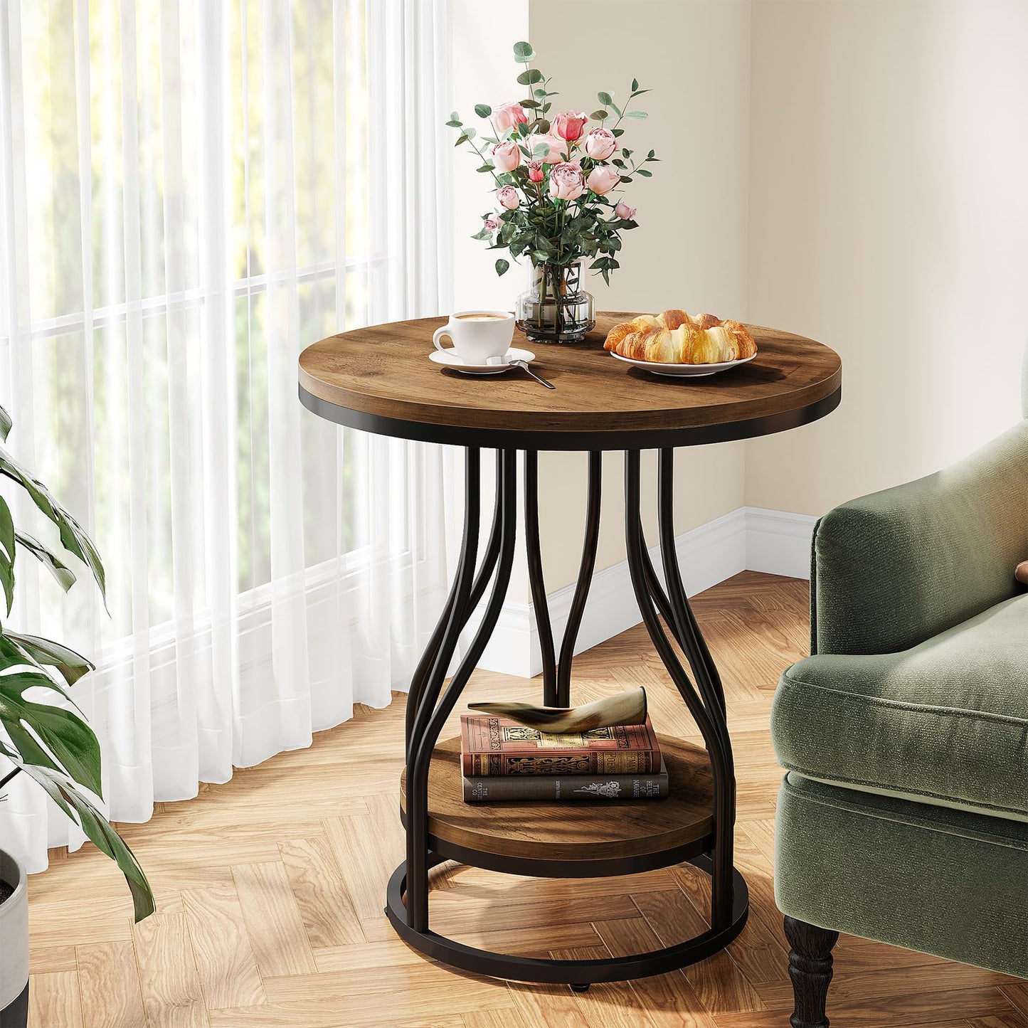 Tribesigns Round Side End Table 2-Tier End Tables Modern Bedside Table Small Chairside Tables with Storage for Couch Side, Nightstand with Metal Frame for Living Room (1, White+Gold)
