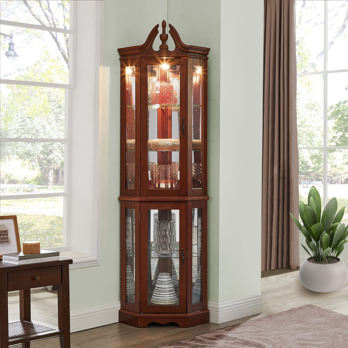 LKTART Corner Storage Cabinet,Glass Display Cabinet with Lights,Corner Curio Cabinet with Tempered Glass Doors and Shelves(70.5" T x15.4 D x 21.7" W Walnut)