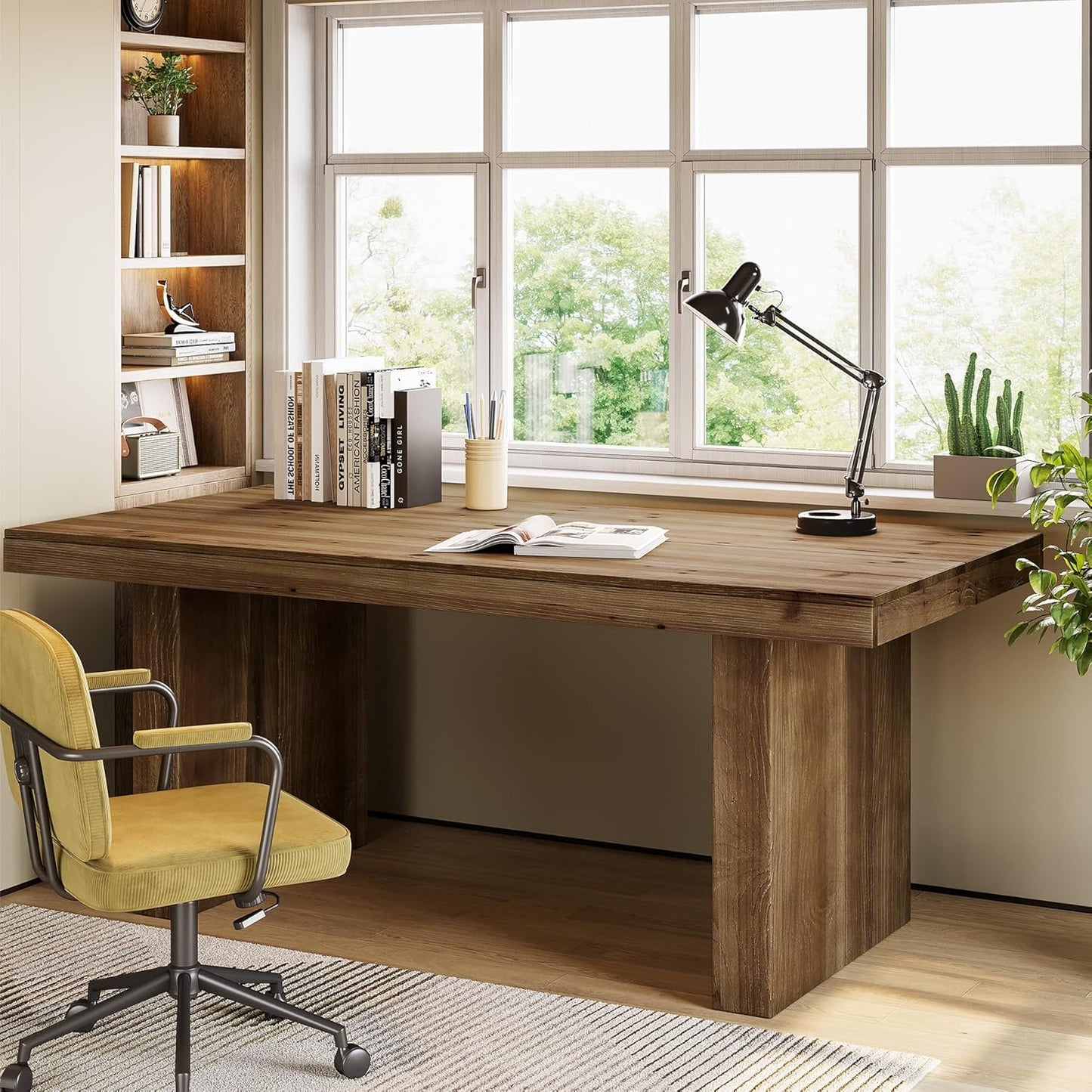 63" Solid Wood Home Office Desk, Farmhouse Large Executive Computer Desk with Sturdy Wooden Legs, Study Writing Table Business Workstation with Spacious Tabletop, Rustic Dark Brown