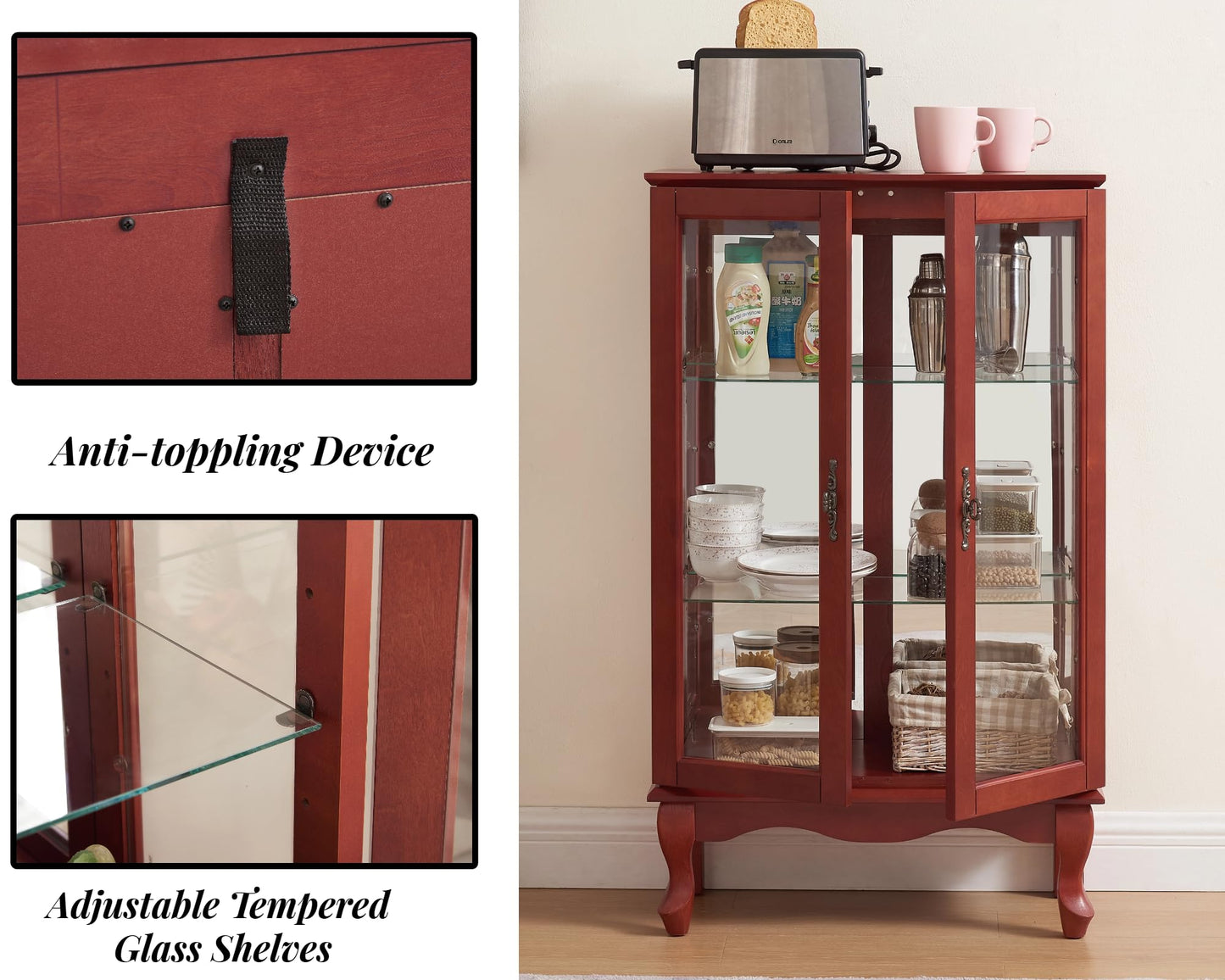 LKTART Curio Glass Display Cabinet,Storage Cabinet with Lights and Mirrored Back Panel,China Cabinet with Tempered Glass Doors and Shelves,Collectible Display Shelf,Included Bulb White