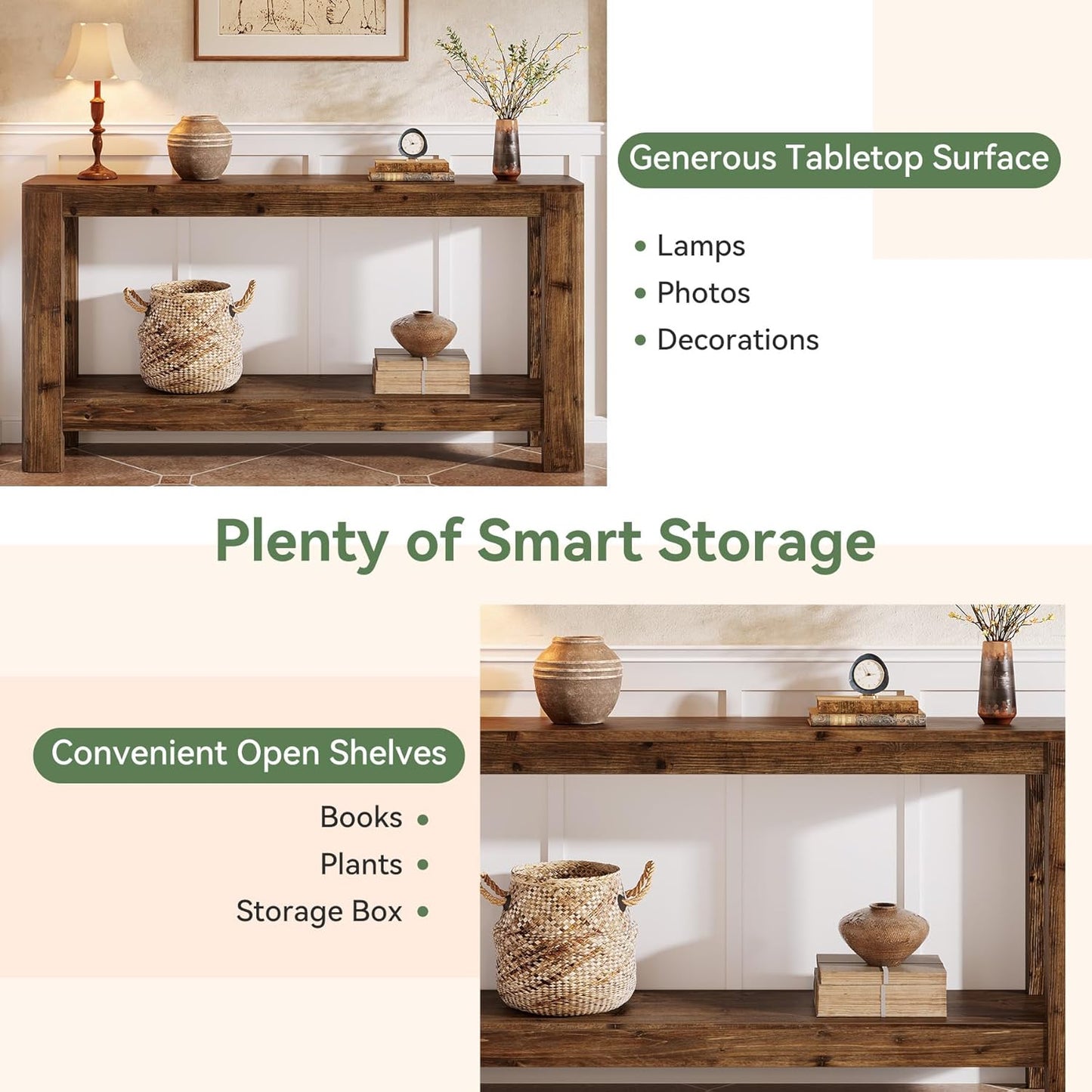 Solid Wood Console Table for Entryway, 63" Farmhouse Slim Sofa Table with 2-Tier Storage Shelf, Rustic Modern Narrow Hall Entry Furniture for Living Room, Entrance, Foyer, Hallway or Bedroom