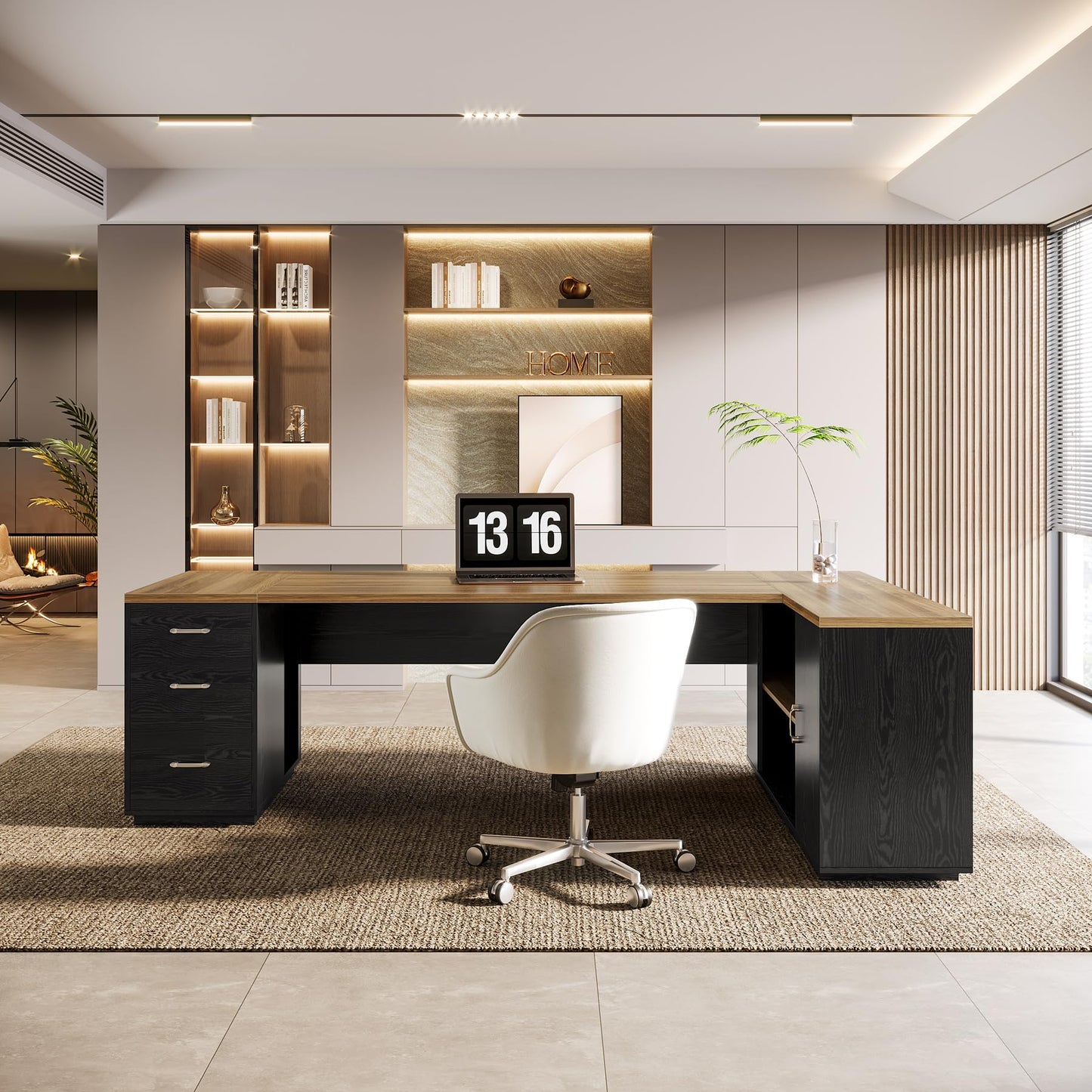 Tribesigns 85.8-Inch L-Shaped Executive Office Desk with File Drawers & Storage Cabinet, Professional Corner Computer Desk Extra Large Business Workstation with Adjustable Shelves (White&Walnut)
