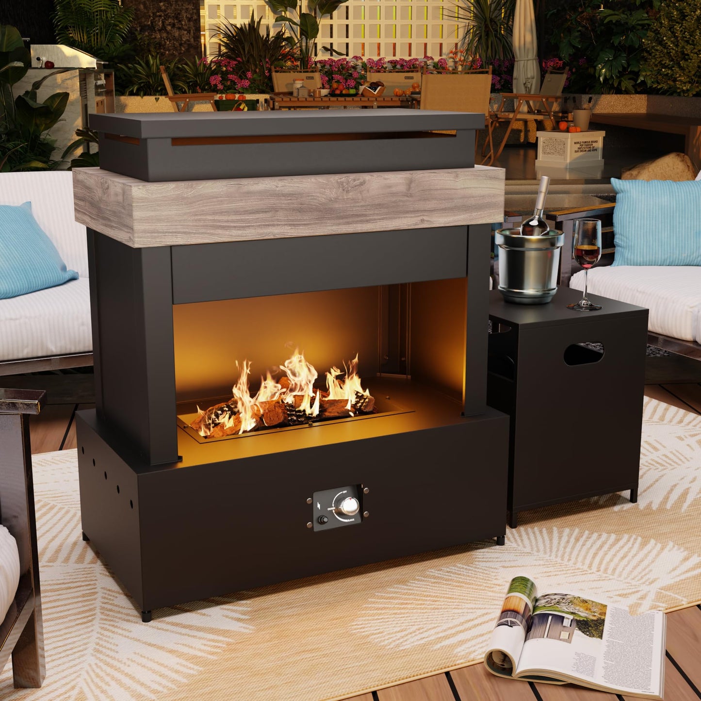 47.3''x35.5'' Outdoor Propane Fireplace, 50,000 BTU Vent-Free Gas Heater, CSA Certified Grey & Black Weather-Resistant Steel, Realistic Ceramic Logs, Rain Cover Included