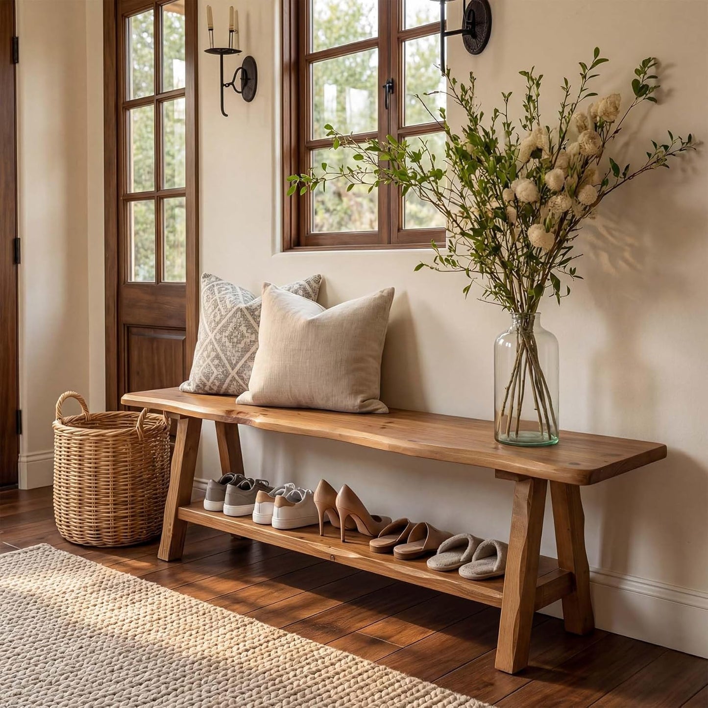 55-Inch Solid Wood Entryway Bench, Farmhouse Long End of Bed Bench with Live-Edge, Indoor Dining Seat for Entrance, Bedroom, Living Room, Dining Room, Easy Assembly, Brown