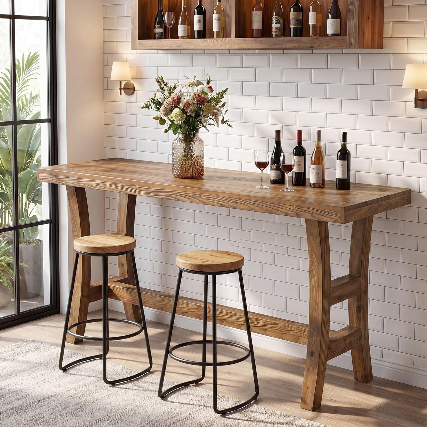63-Inch Solid Wood Bar Table, Farmhouse Counter Height Pub Table with Footrest, Rectangular High Top Home Bar Units for Home Kitchen, Dining Room, Bistro (Without Chair, Retro Brown)