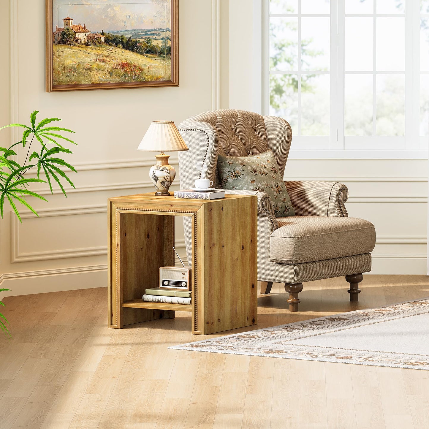 Solid Wood End Table, 2-Tier Farmhouse Side Table with Storage Shelves, Rustic Narrow Nightstand for Small Spaces, Living Room, Bedroom, Warm Brown (2)