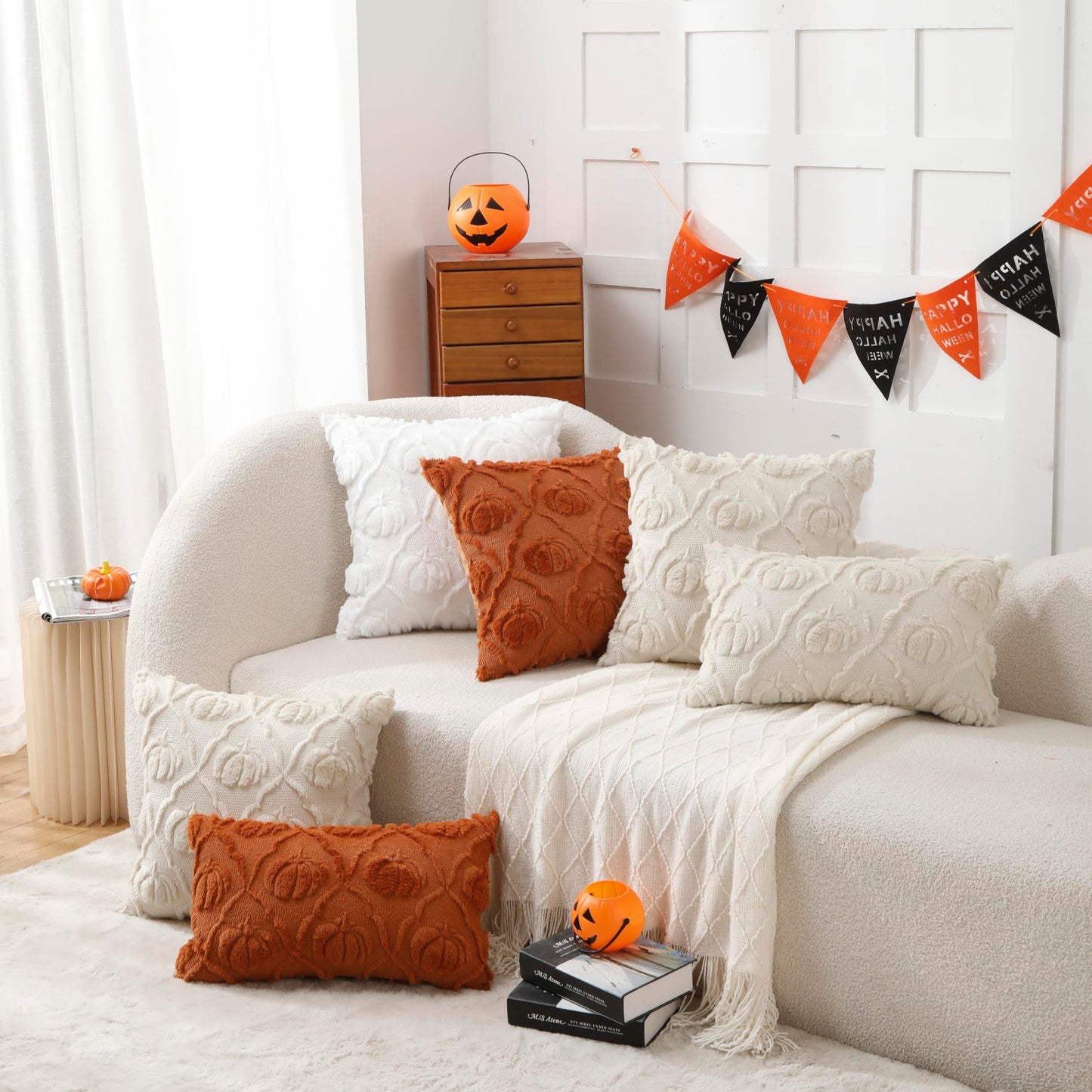 VAKADO Halloween Fall Throw Pillow Covers 18x18 Set of 2 Pumpkin Autumn Couch Thanksgiving Home Decorations Kitchen Decor Plush Embroidered Velvet Cushion for Farmhouse Bed Sofa Living Room,Cream