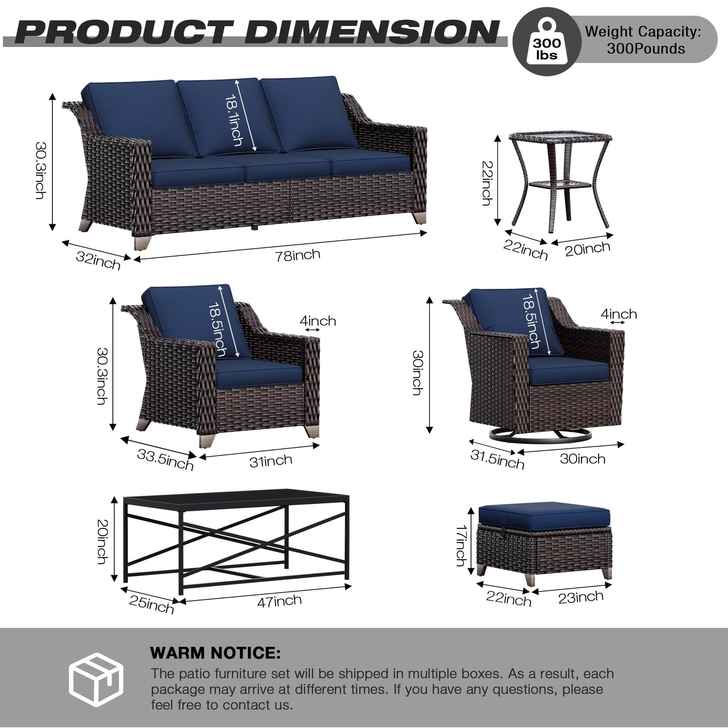 Joyside Patio Sofa - 3 Seater Rattan Sofa, All Weather High Back Sofa, Upgraded Large Size with 4inch Seat Cushions for Backyard, Garden, Poolside (Brown/Blue)