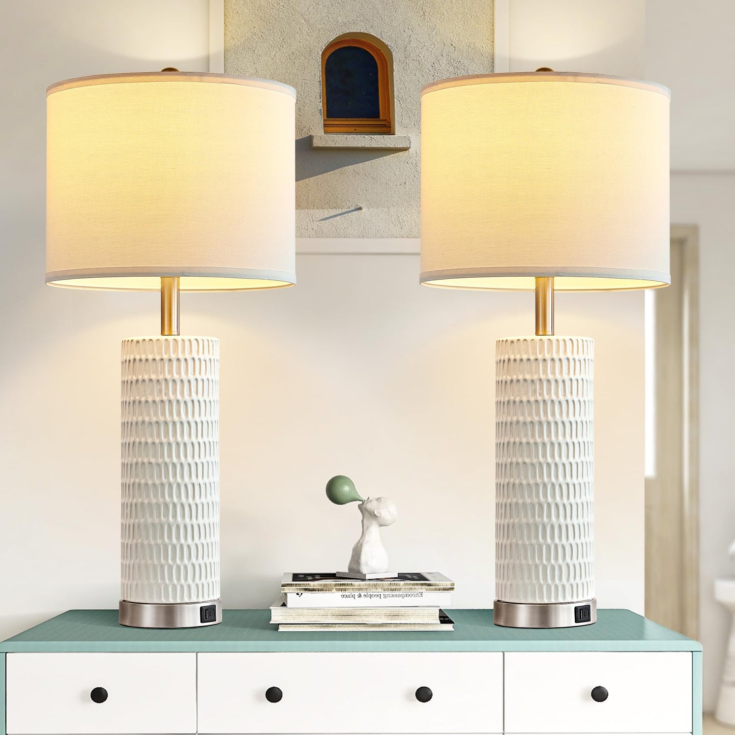 White Ceramic Table Lamps Set of 2, 28" Lamps for Living Room with USB C+A Ports, Touch Lamps for Nightstand, 2 Bulbs Included