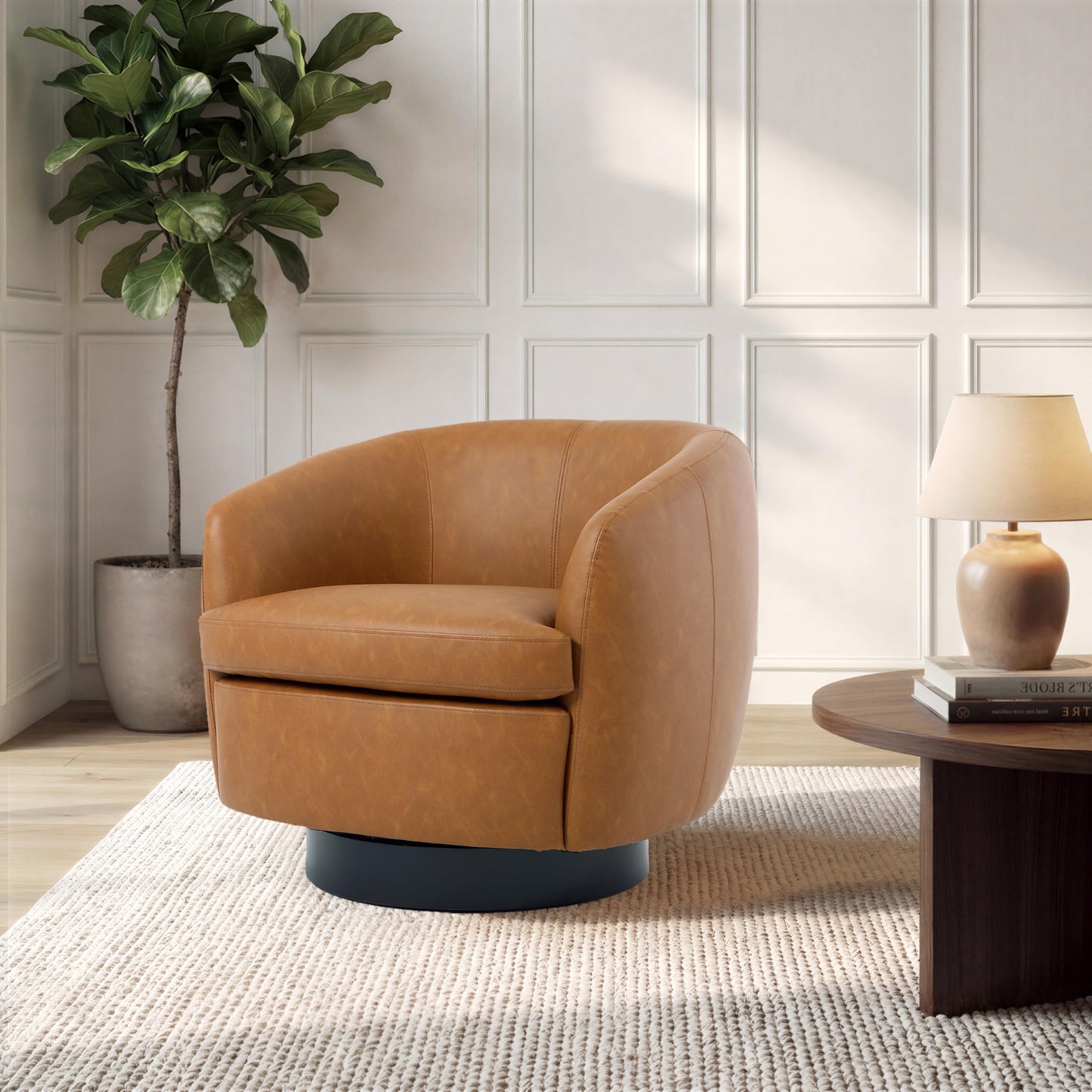 Faux Leather Swivel Barrel Chair, Modern Round Swivel Accent Chair with 360° Rotation, Upholstered Armchair Club Chair for Living Room Bedroom Office (Light Brown)