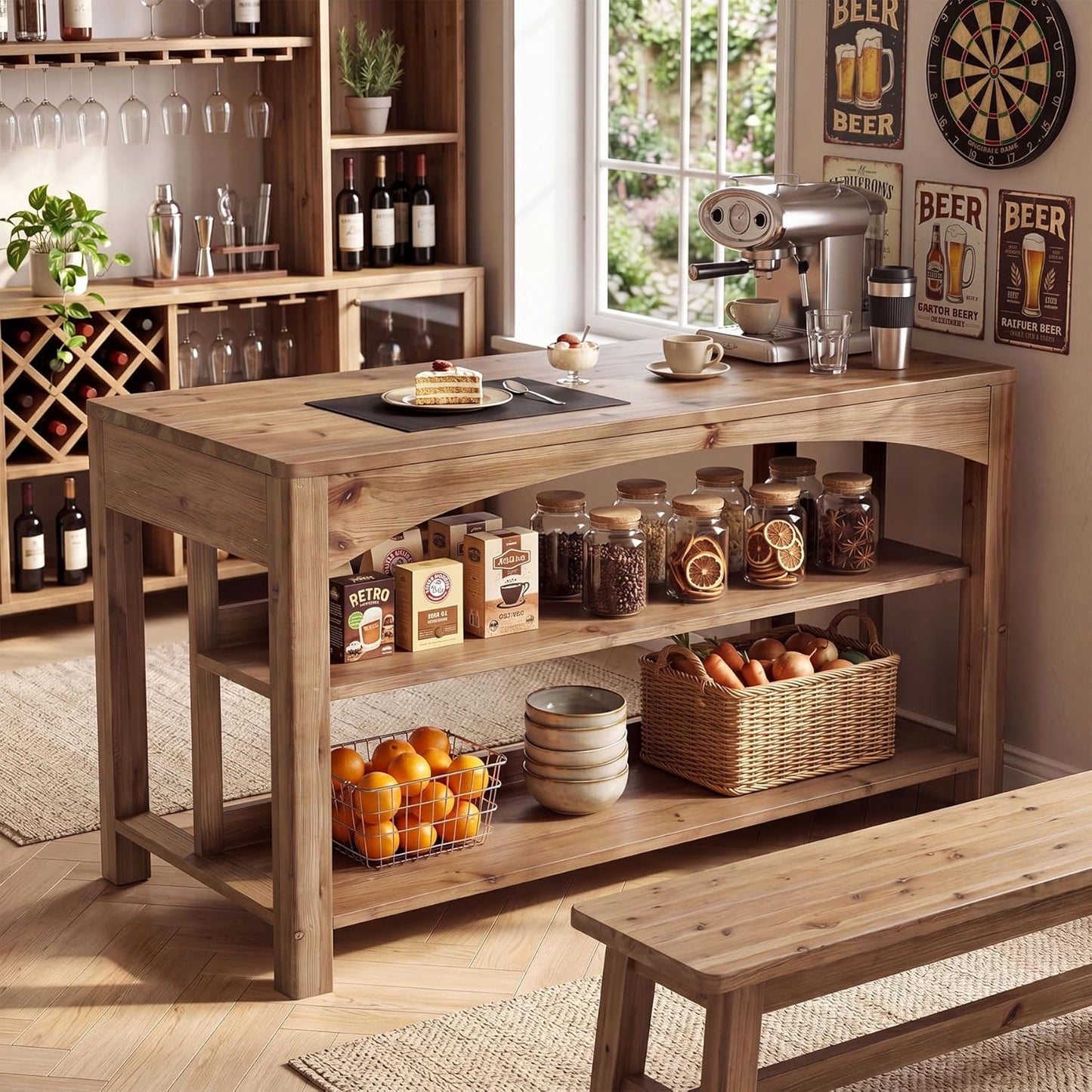 59 Inches Bar Table, Farmhouse Counter Height Pub Table with Storage Shelves, 3-Tier Coffee Bar Cabinet Counter Height Table for Kitchen, Dining Room, Natural Brown