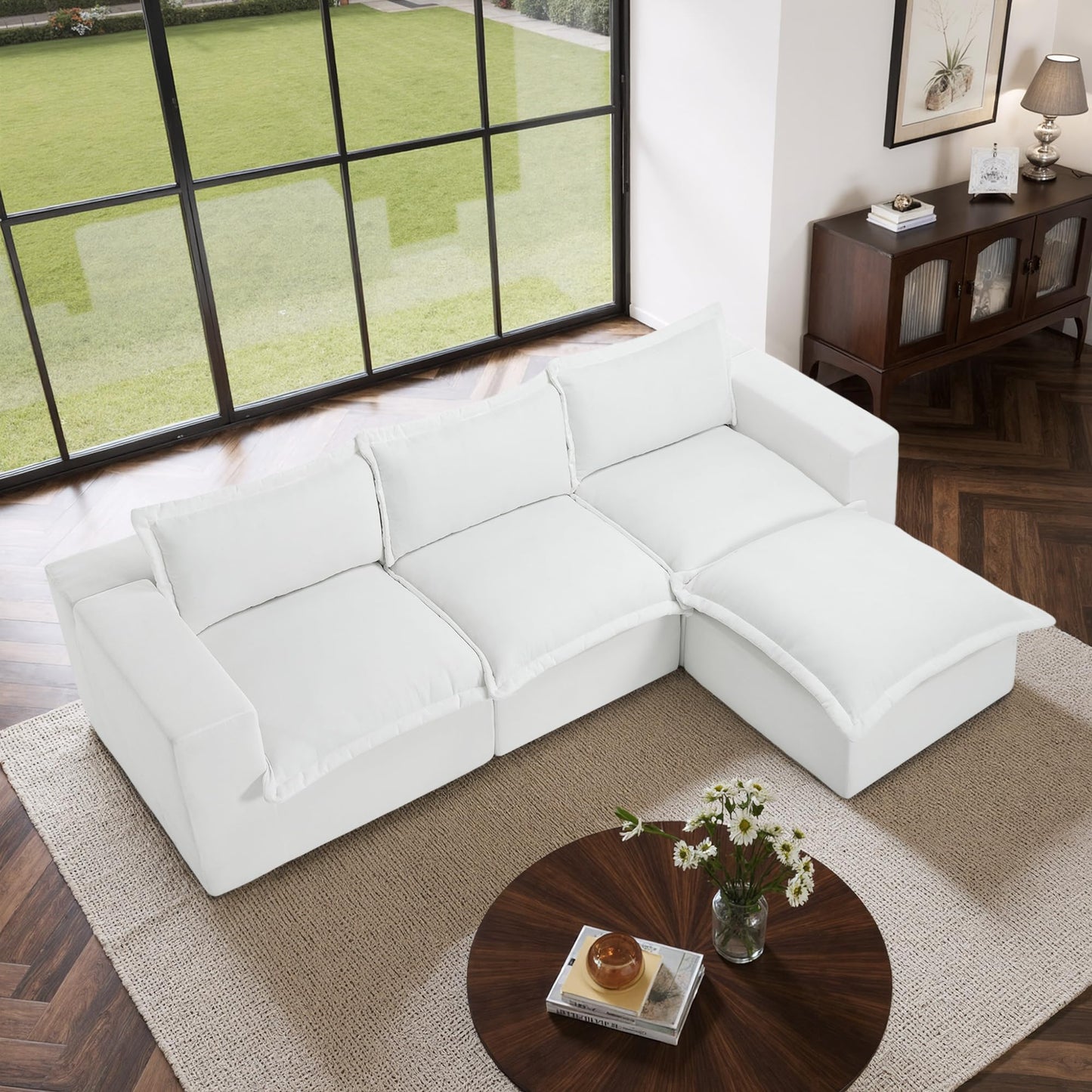 116" Modular Sectional Sofa, Comfy L Shaped Modular Coush Sofa with Ottoman, 3-Seat Chenille Cloud Couches Deep Seat Sofa for Living Room, Apartment, Small Spaces, Beige