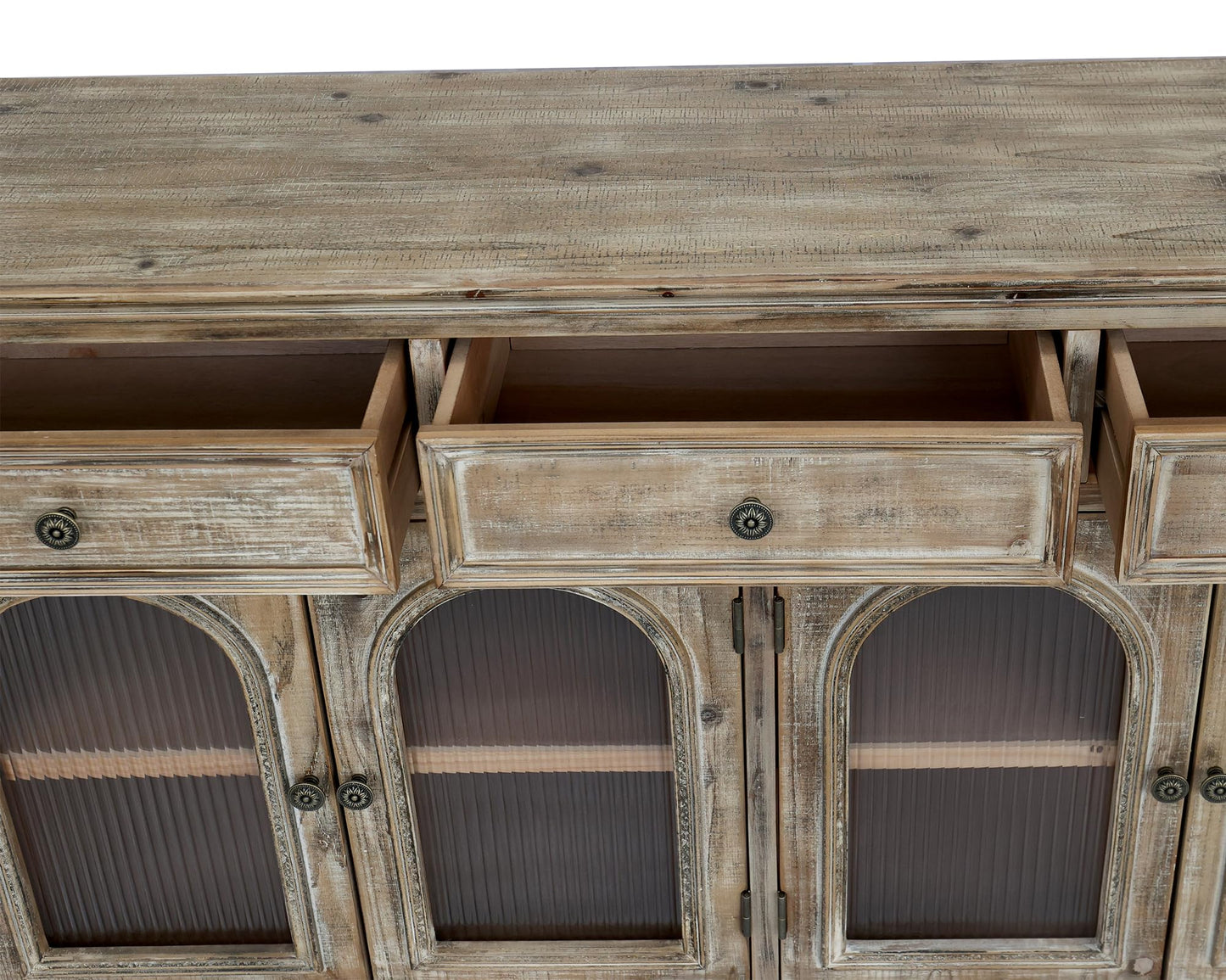 LKTART 60" Farmhouse Sideboard Buffet,Solid Fir Wood Frame with Hollowed-Out Carved Doors,Hand-Distressed Design,Versatile Storage Cabinet for Kitchen, Living Room,Natural Wood