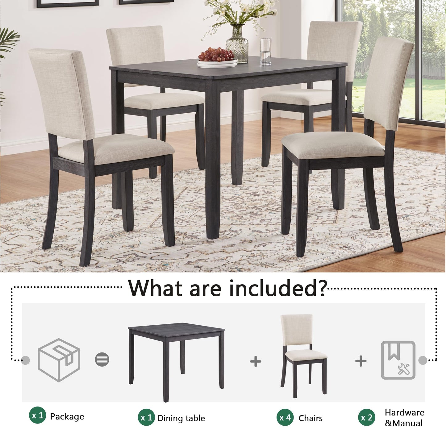 LKTART 5-Piece Kitchen & Dining Room Table and Chairs Sets,Small Square Kitchen Table with 4 Upholstered XX-Shaped Backrest Chairs,Walnut
