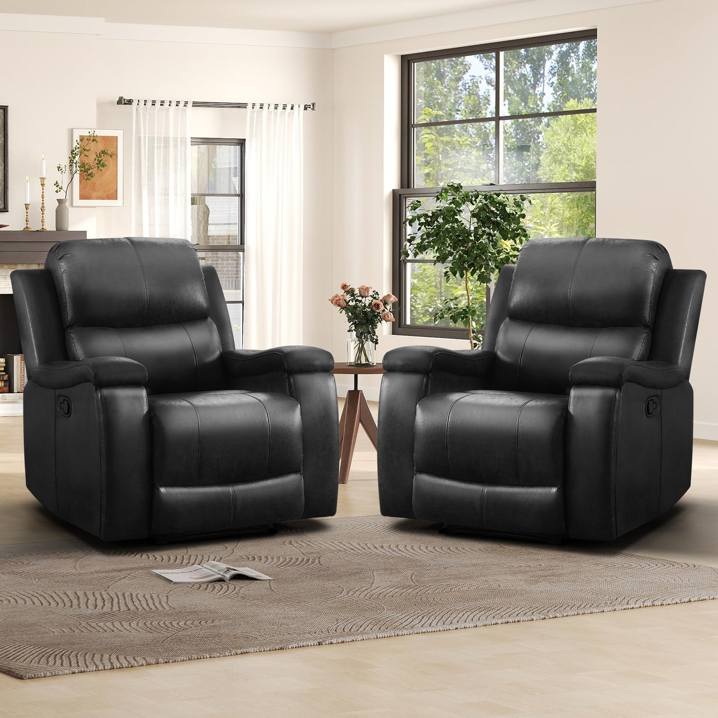 IOMOR Leather Recliner Chair, Manual Recliner Chair for Adults with Overstuffed Arms and Back, Single Sofa Recliner with Cup Holders for Living Room (1, Brown)