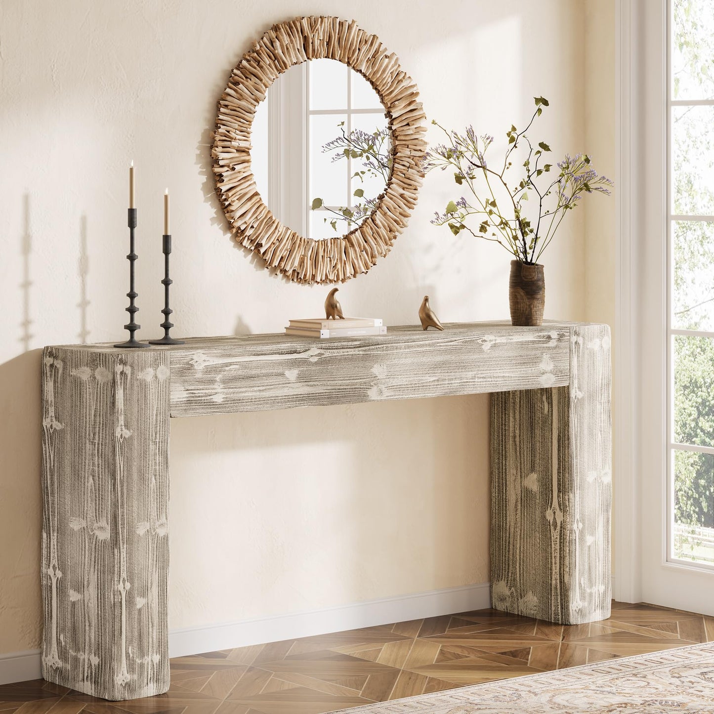 Solid Wood Console Table, 63-Inch Farmhouse Sofa Table Behind Couch for Entryway, Living Room, Foyer, Easy Assembly (Light Wood)