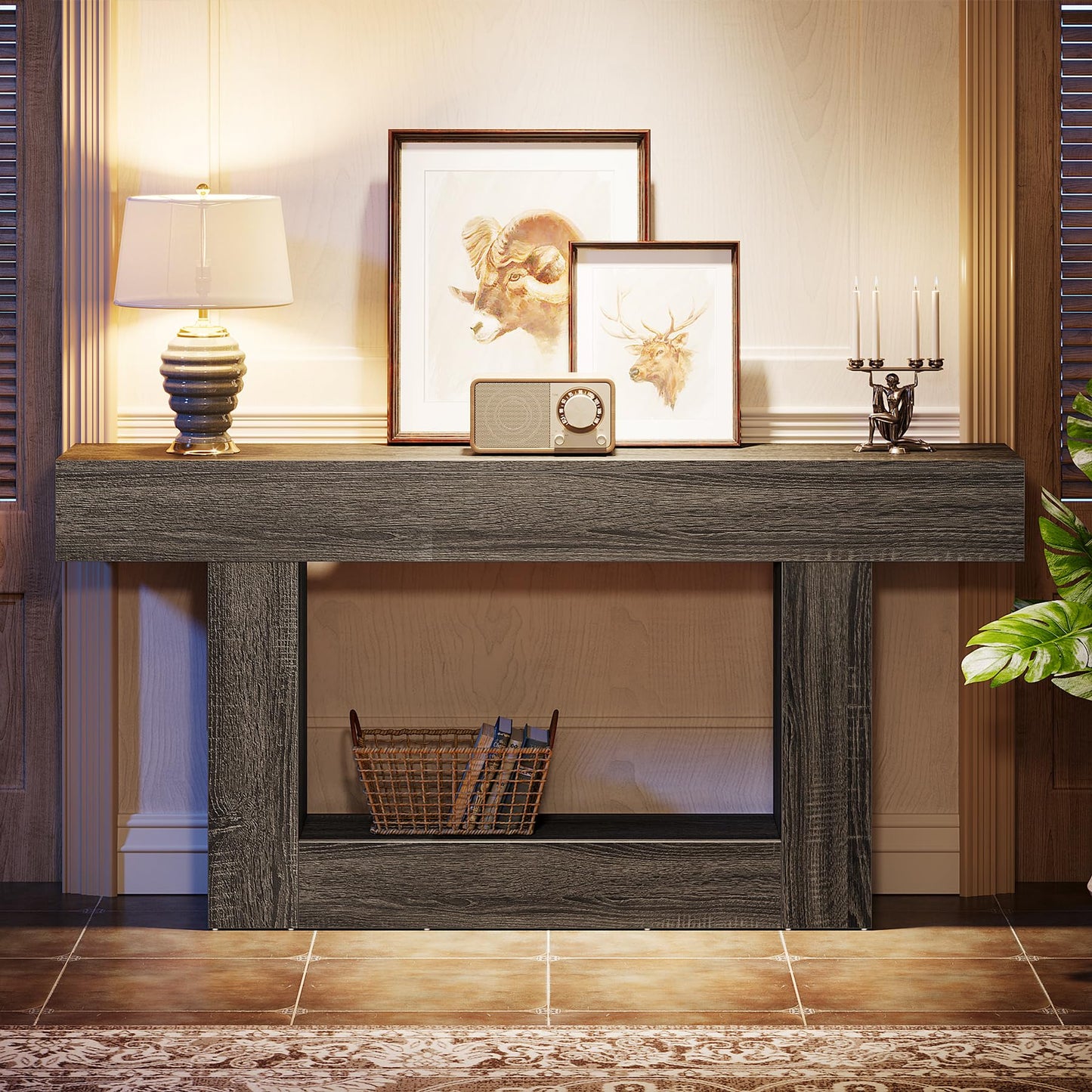 Tribesigns 63" Console Table, Farmhouse 2-Tier Entryway Table with U-Shaped Base, Narrow Long Wood Sofa Table Behind Couch Table for Living Room, Hallway, Foyer, Vintage Brown & Gray | Farmhouse