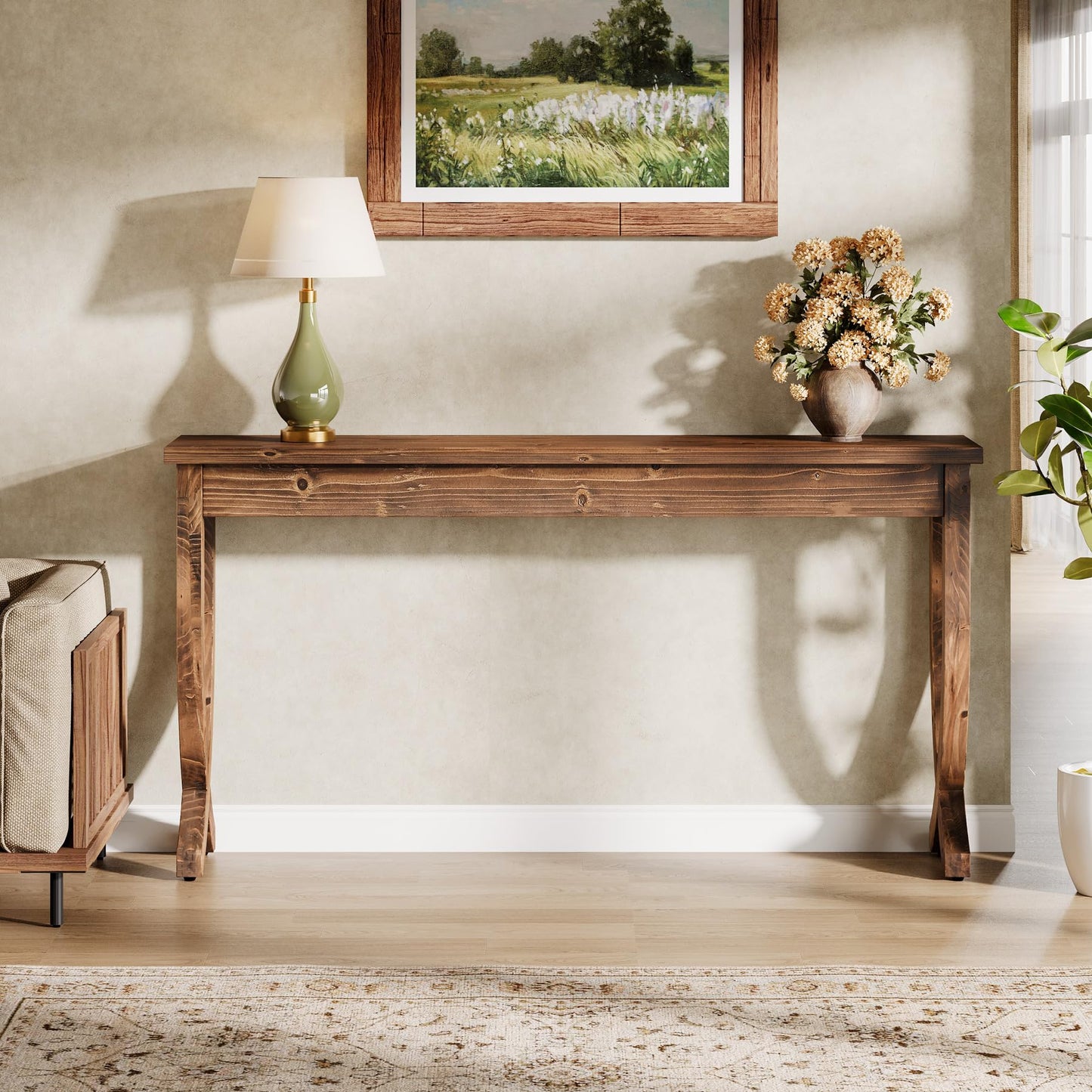 Solid Wood Console Table for Entryway, 63-Inch Narrow Long Sofa Table, Farmhouse Hallway Table for Living Room, Entrance, Foyer (Brown)