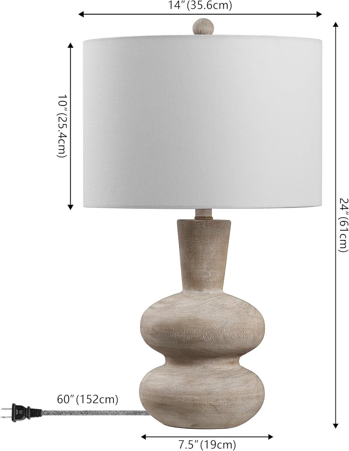 JONATHAN Y 24" Antique Brown Modern Minimalist Sculptural Oak-Grain Resin LED Table Lamp for Living Room Bedroom, White Linen Drum Shade, LED Bulb Included JYL5708A