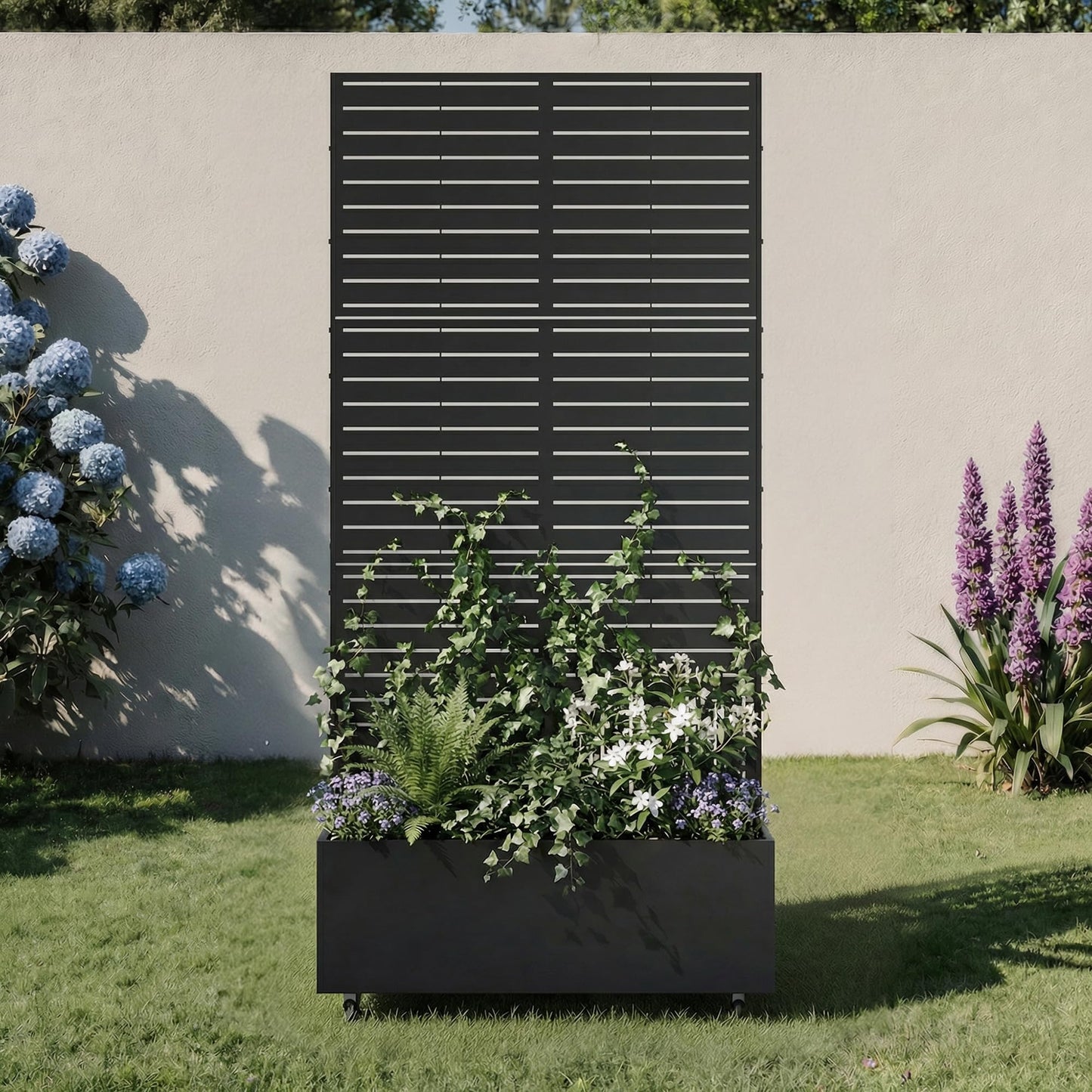 Metal Raised Garden Bed with Trellis and Wheels, 71"x47"x16" Planter Box with Privacy Screen & Drainage Holes, Arched Outdoor Garden Bed for Climbing Plants, Vegetables, Flowers (Black-Square)