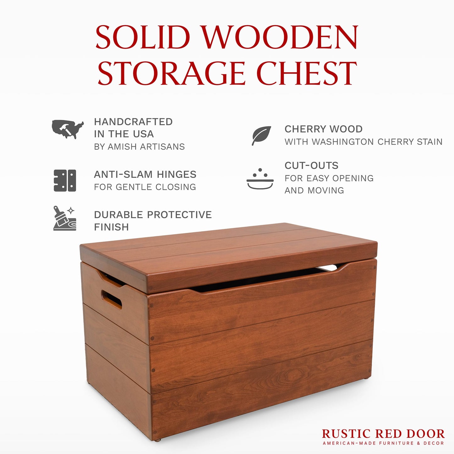 Wooden Storage Chest Trunk Box with Lid and Handles. Handmade, Rustic, Oak Wood, Cherry Stain, 30"