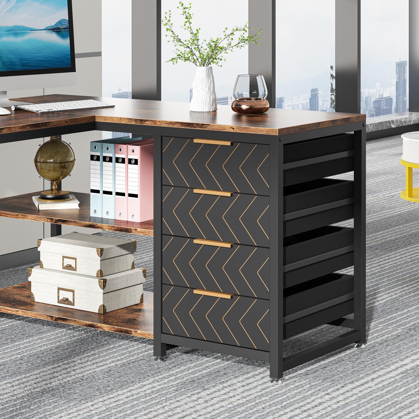 Tribesigns L Shaped Computer Desk with Storage Drawers, 59 inch Corner Desk with Shelves, Reversible L-Shaped Office Desk Study Writing Table Workstation for Home Office, Walnut & White