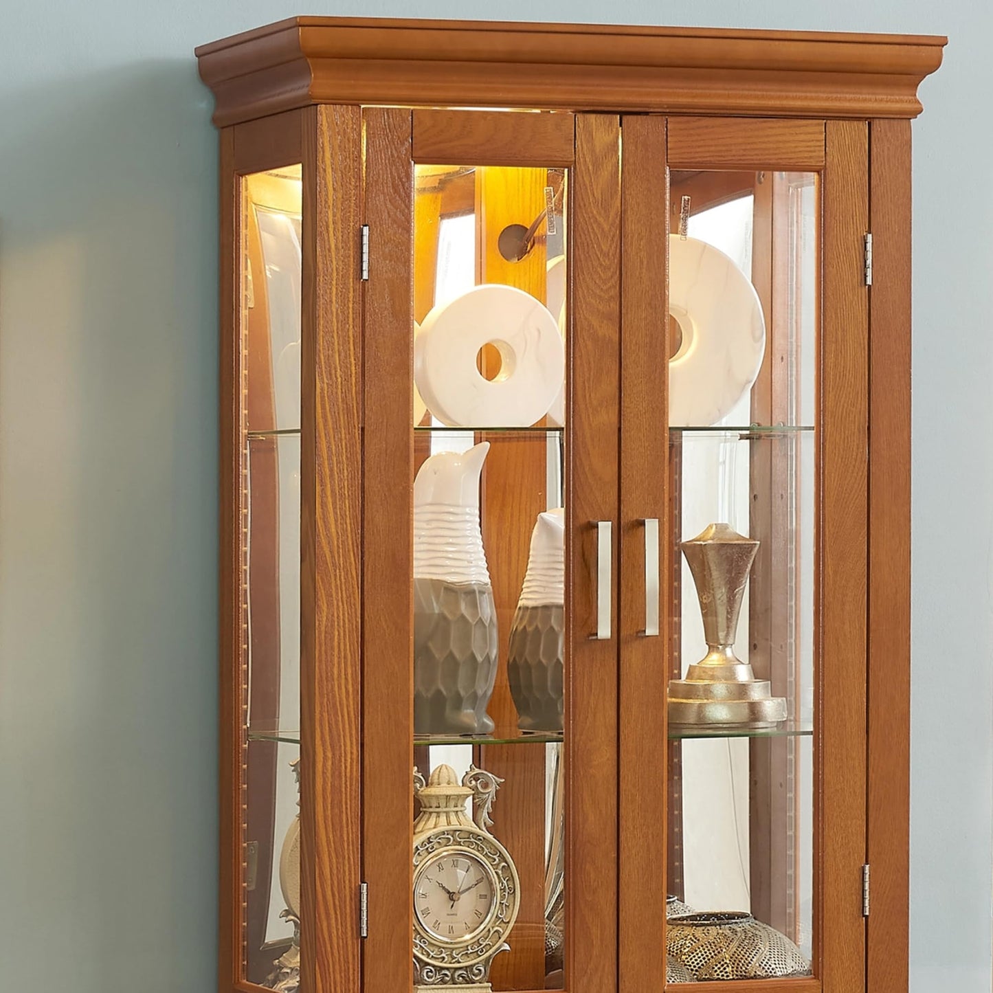 LKTART Curio Glass Display Cabinet with Lighted and Mirrored Back Panel,China Cabinets with Glass Doors,Tall Storage Cabinets with Adjustable Shelves for Curio Collectibles Storage(Cherry)