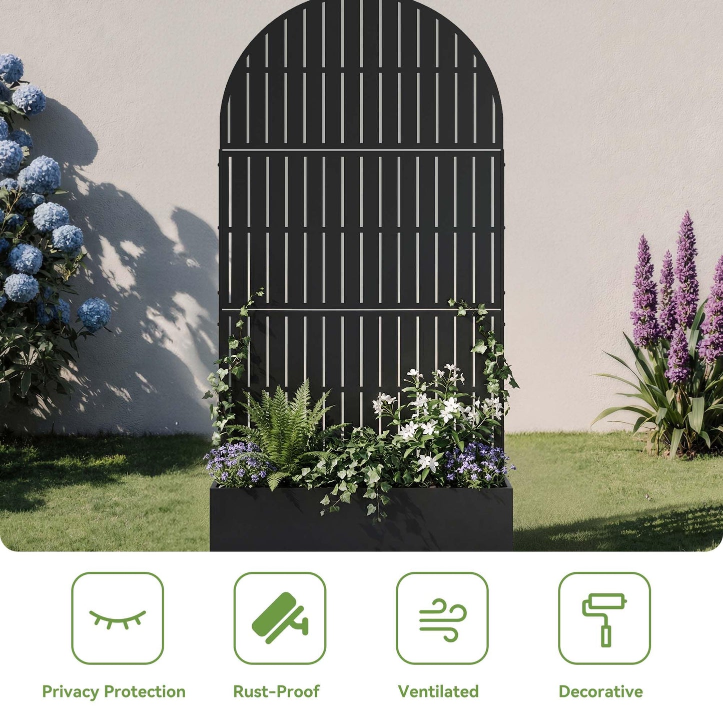 Metal Raised Garden Bed with Trellis and Wheels, 71"x47"x16" Planter Box with Privacy Screen & Drainage Holes, Arched Outdoor Garden Bed for Climbing Plants, Vegetables, Flowers (Black-Square)
