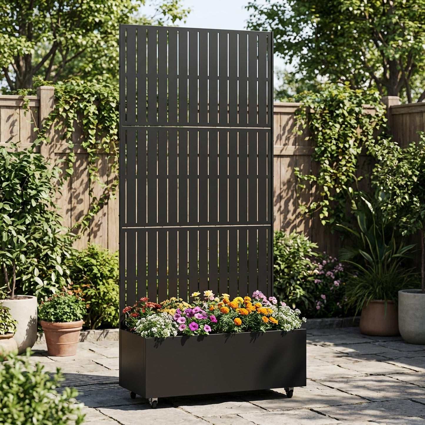 Metal Raised Garden Bed with Trellis and Wheels, 71"x47"x16" Planter Box with Privacy Screen & Drainage Holes, Arched Outdoor Garden Bed for Climbing Plants, Vegetables, Flowers (Black-Square)
